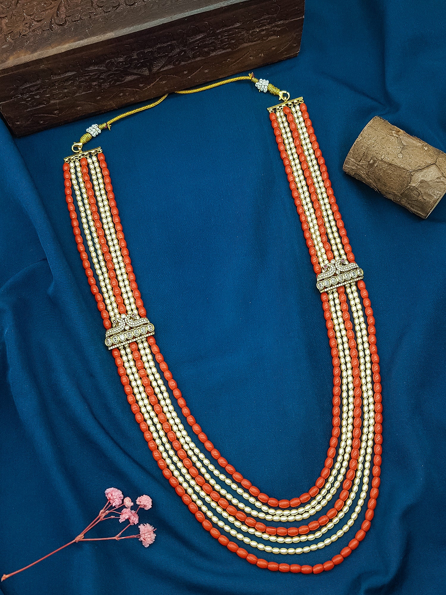 Tibetian Coral with Swaroski Pearls and Brooch multilayered necklace