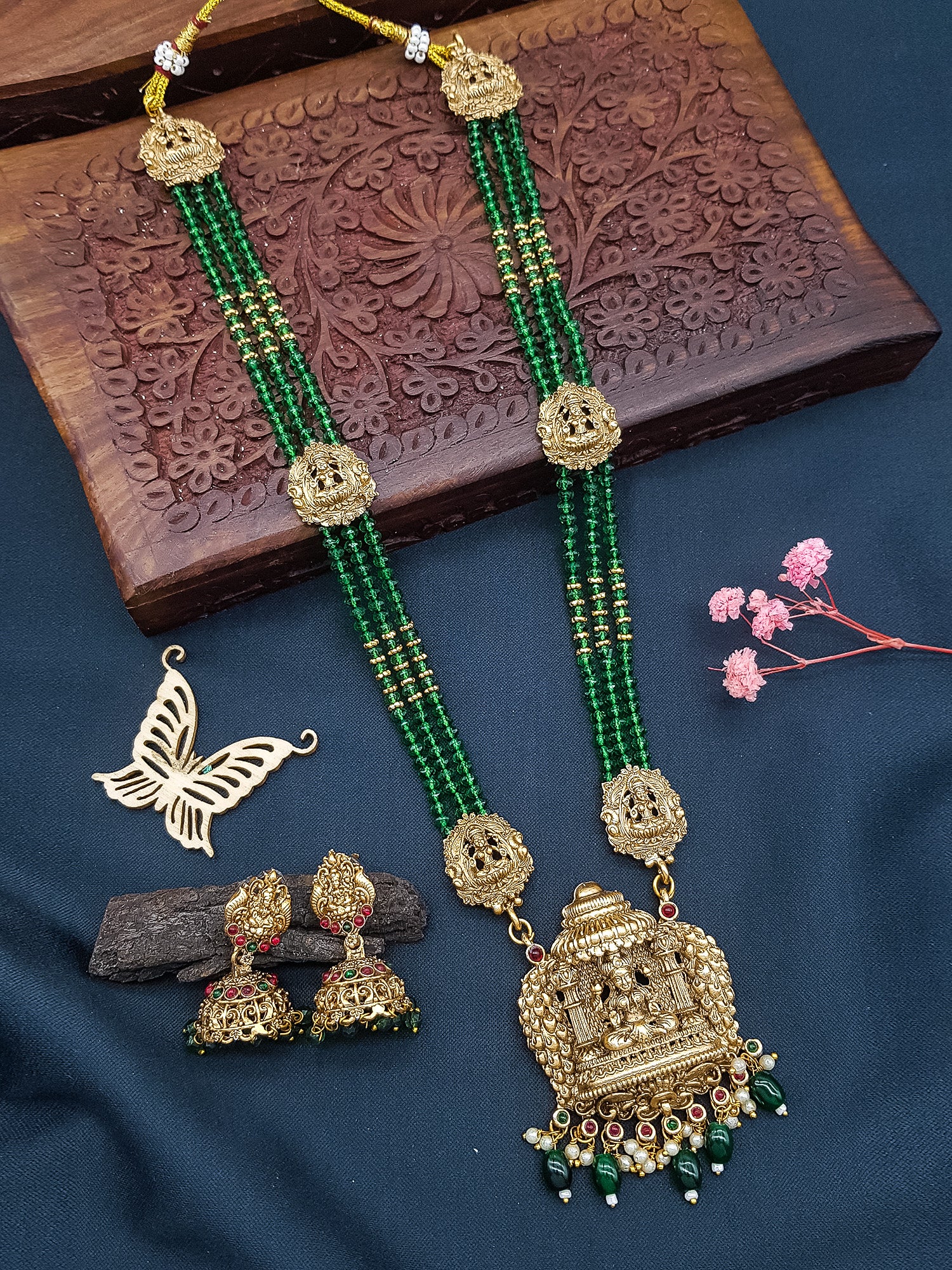Green Crystal bunch design/Maroon Crystal /Pearls  with temple pendant long necklace set
