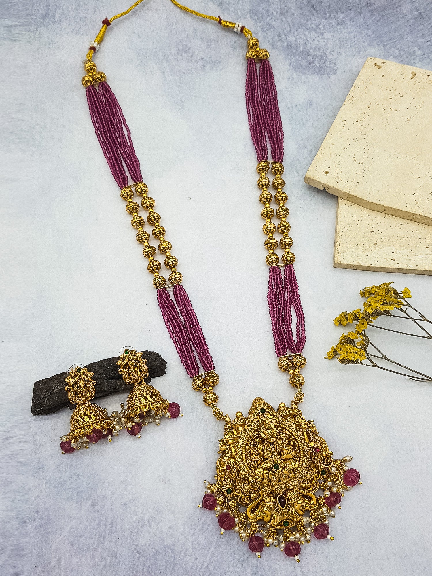 Green Crystal bunch design/Maroon Crystal /Pearls  with temple pendant long necklace set