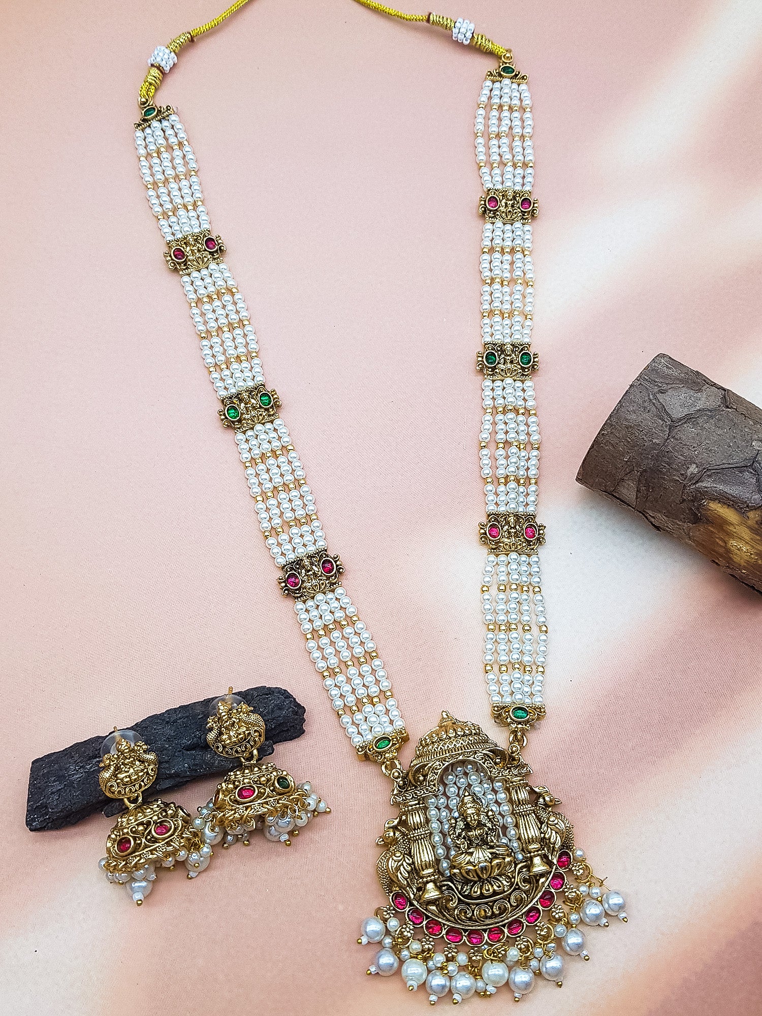 Green Crystal bunch design/Maroon Crystal /Pearls  with temple pendant long necklace set