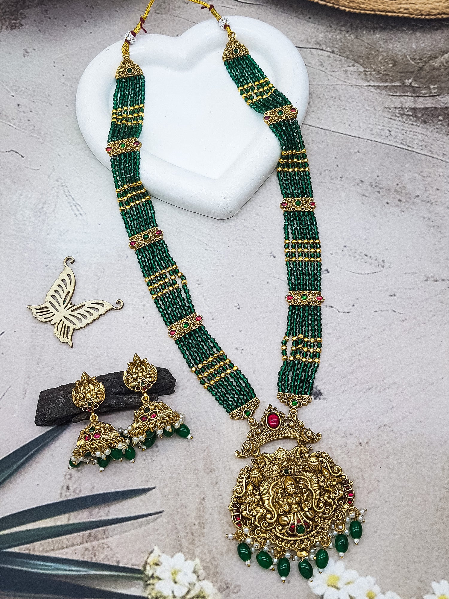 Green Crystal bunch design/Maroon Crystal /Pearls  with temple pendant long necklace set