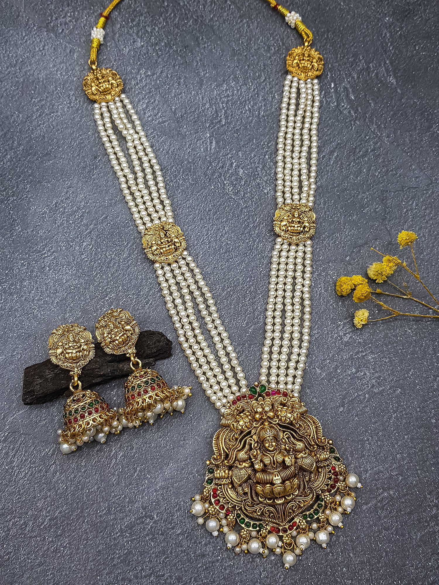 Green Crystal bunch design/Maroon Crystal /Pearls  with temple pendant long necklace set