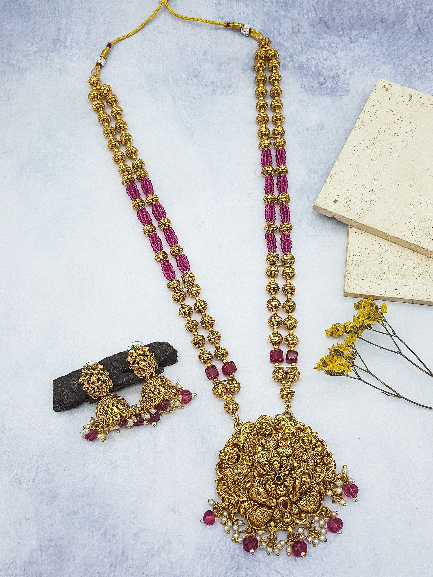 Green Crystal bunch design/Maroon Crystal /Pearls  with temple pendant long necklace set