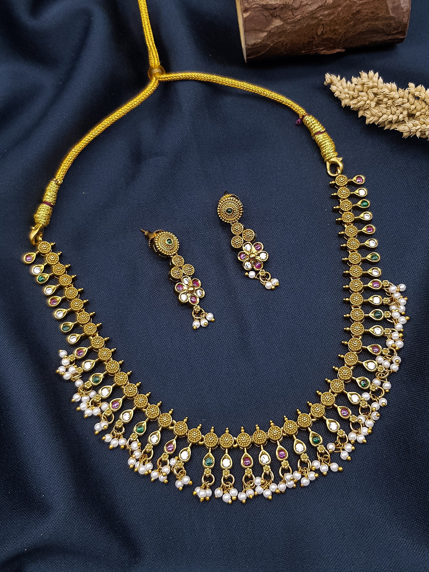 Premium Short Real kempu multicolor stones Necklace Set