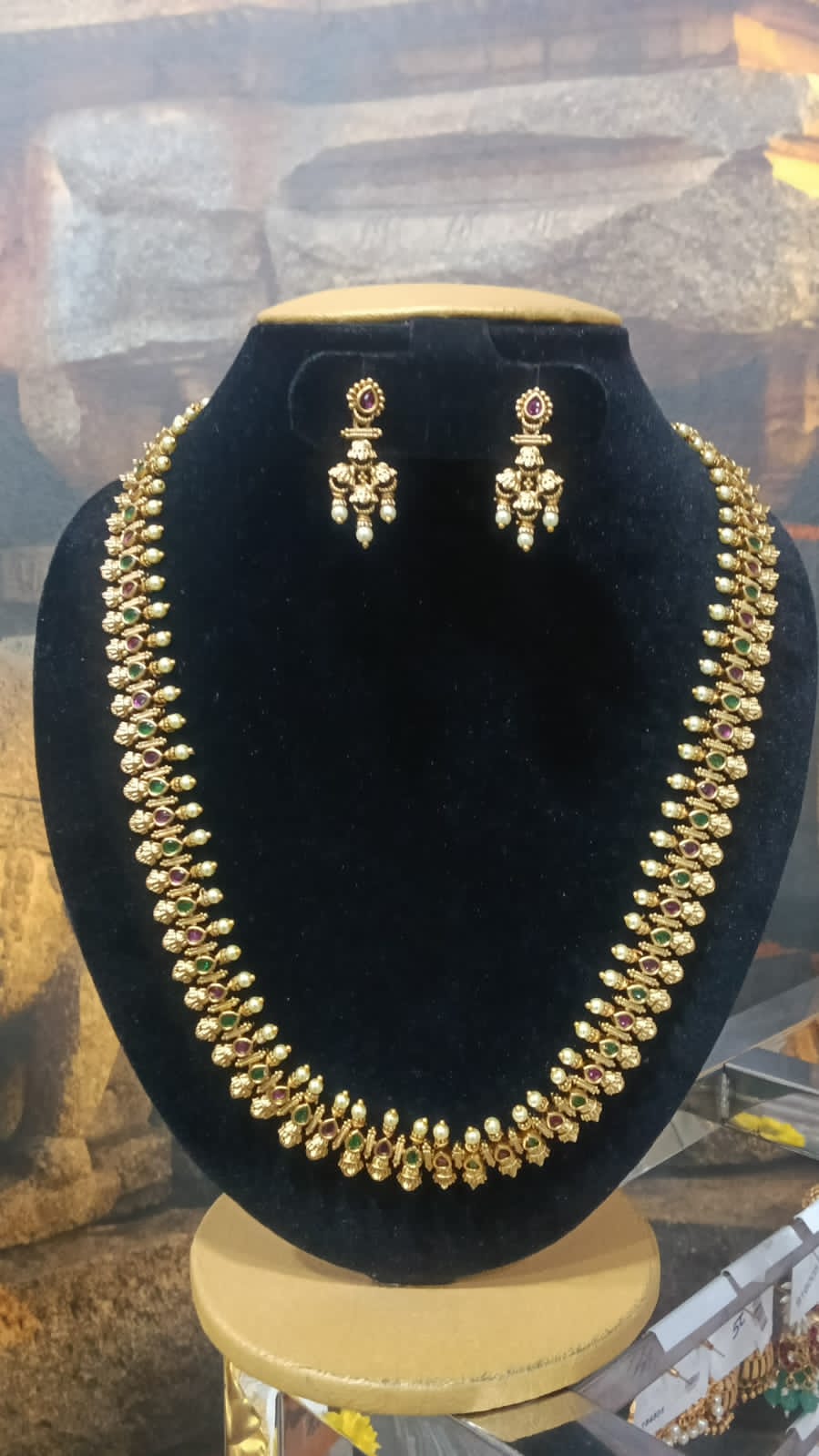 Premium Long antique Real kempu multicolor stones Necklace Set