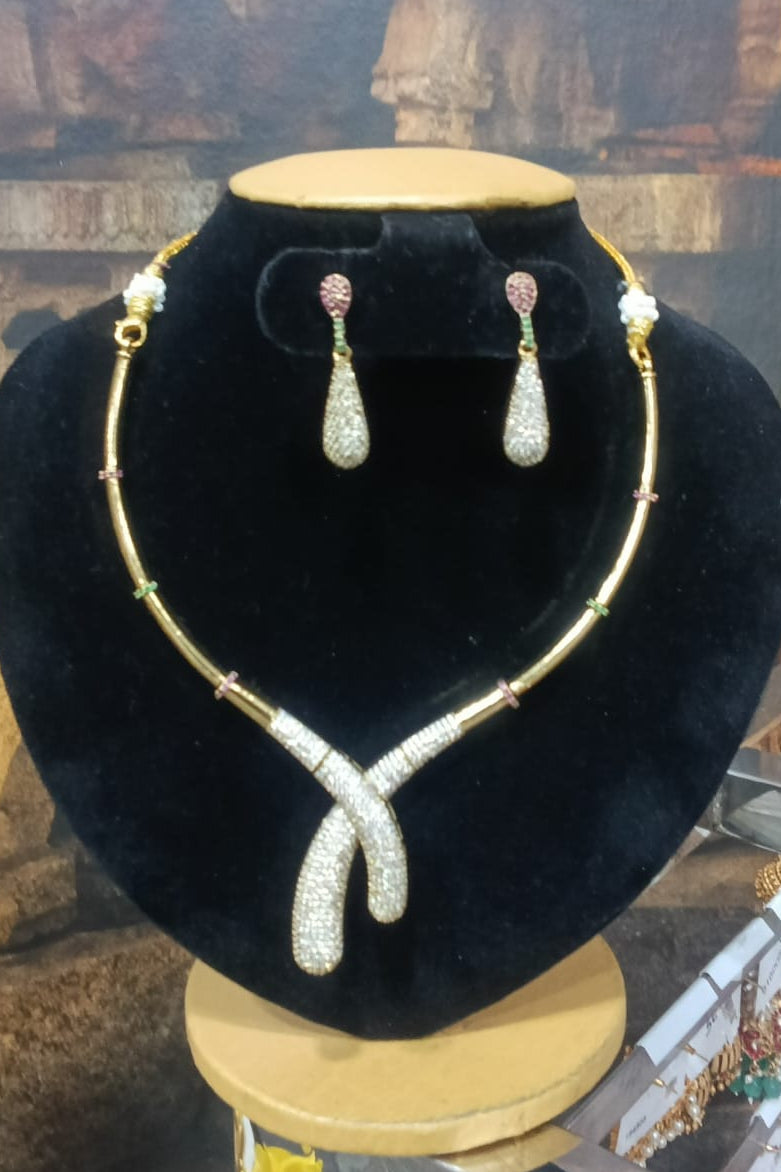 Gold Plated contemporary Design Short Necklace set in zercon cz stones