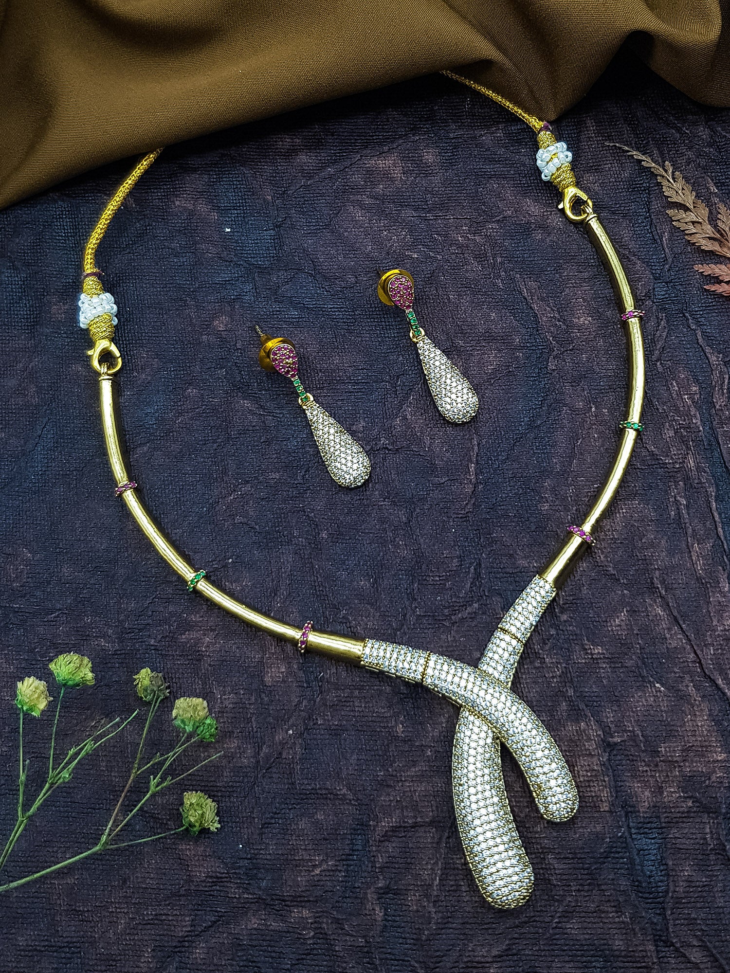 Gold Plated contemporary Design Short Necklace set in zercon cz stones