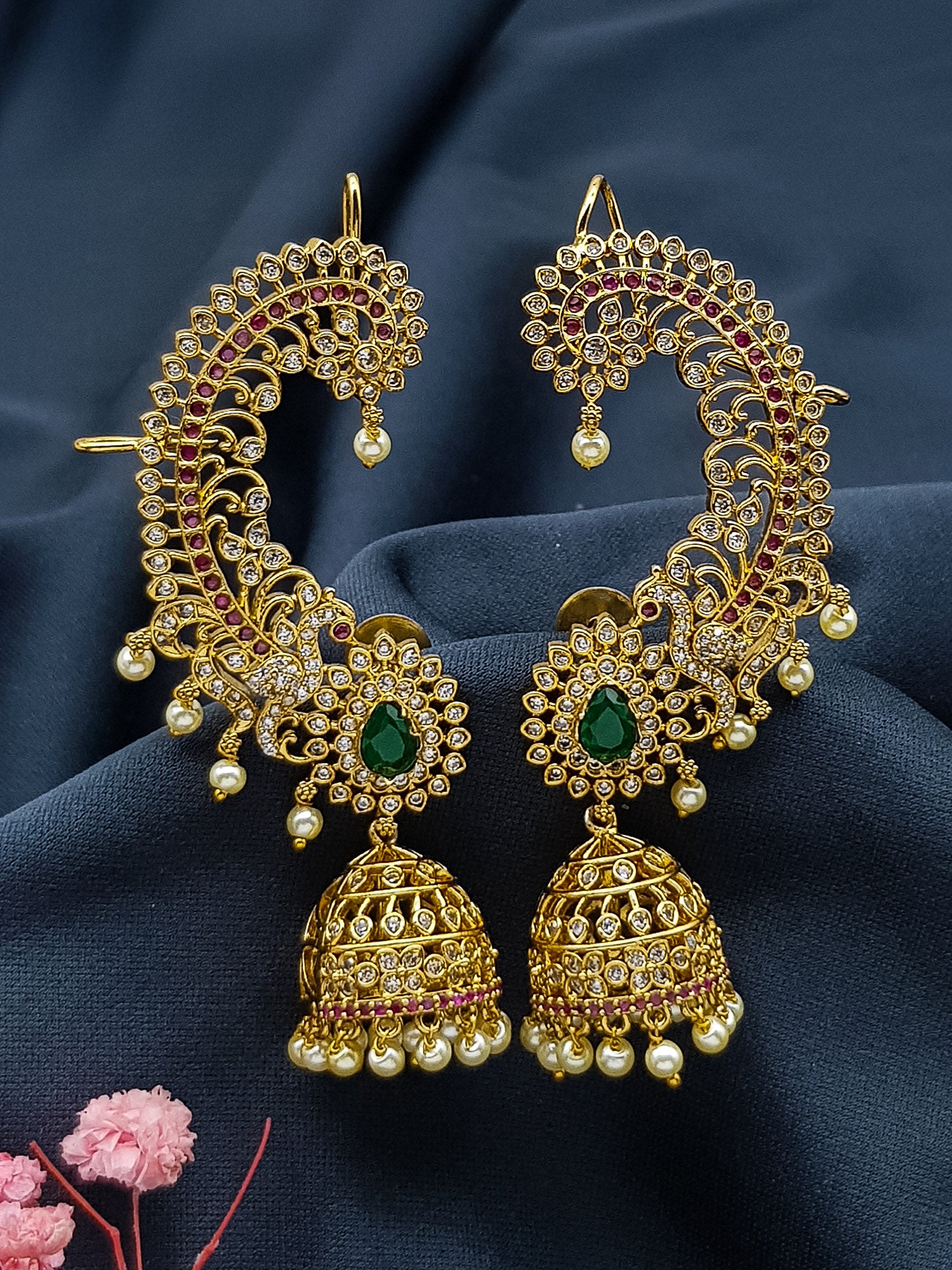 Gold plated Classic Bluetooth Jhumka Earrings with cz stones