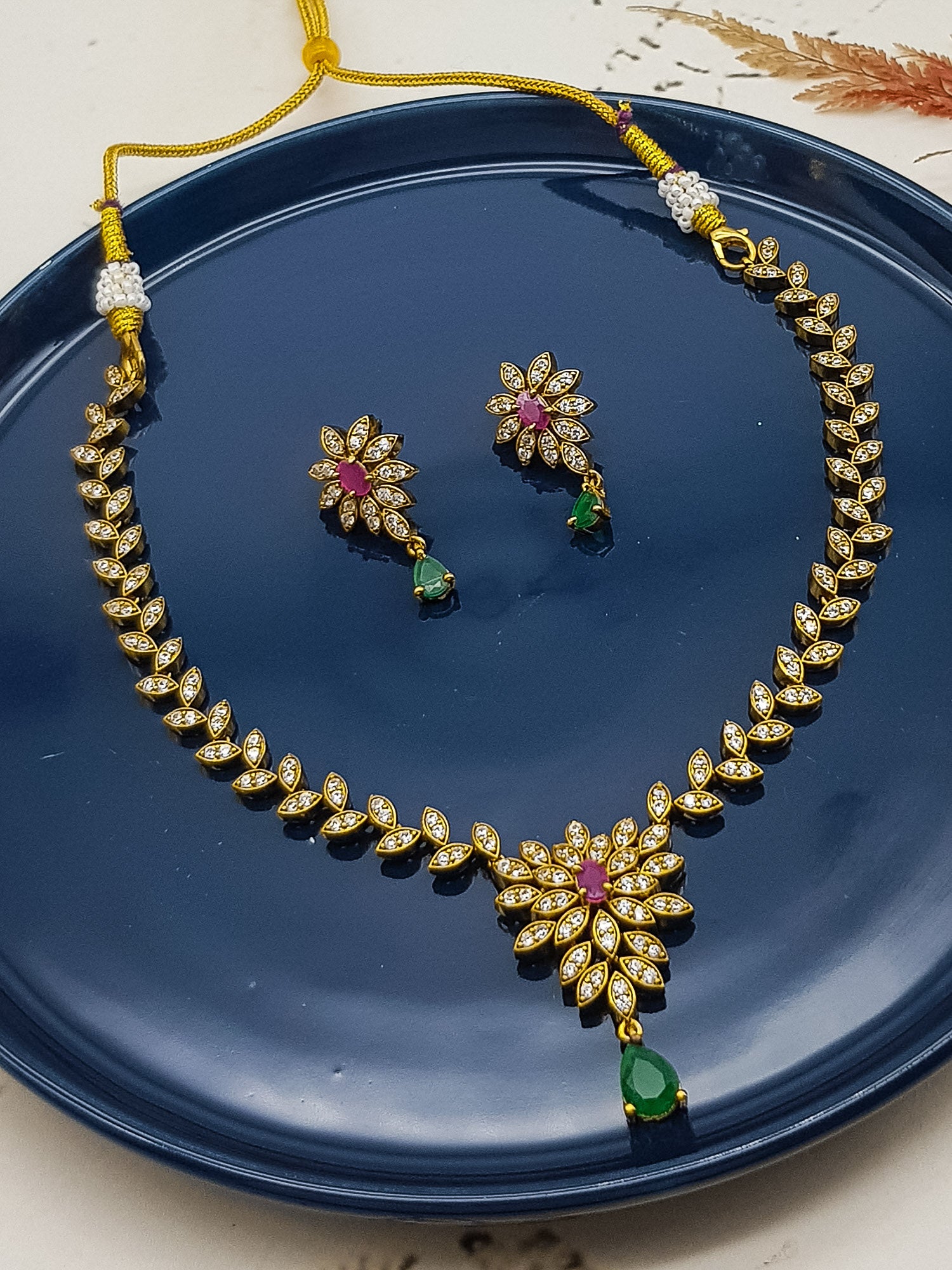 Gold plated cz Green white short necklace set