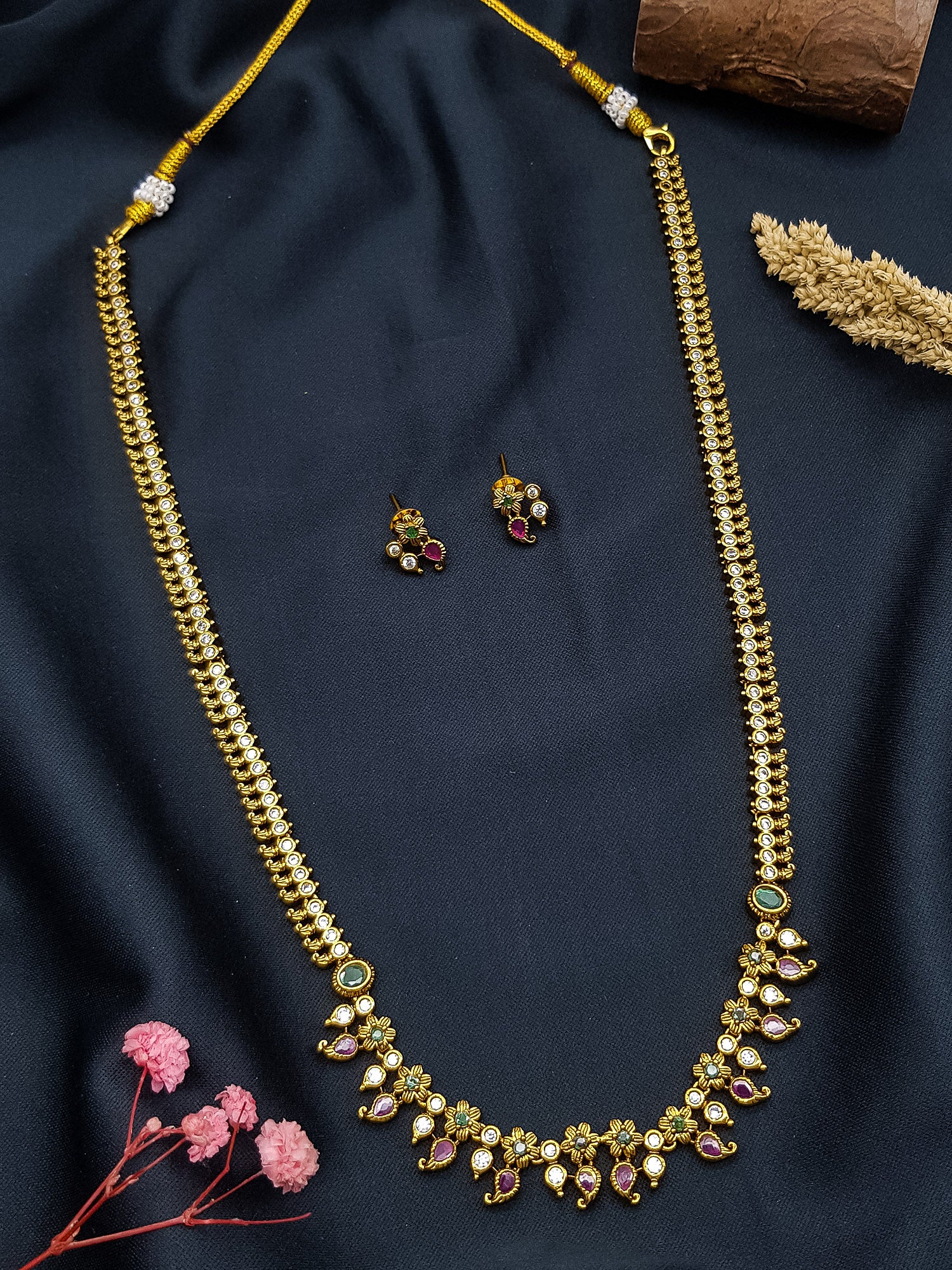 Long zercon necklace set with multicolor stones