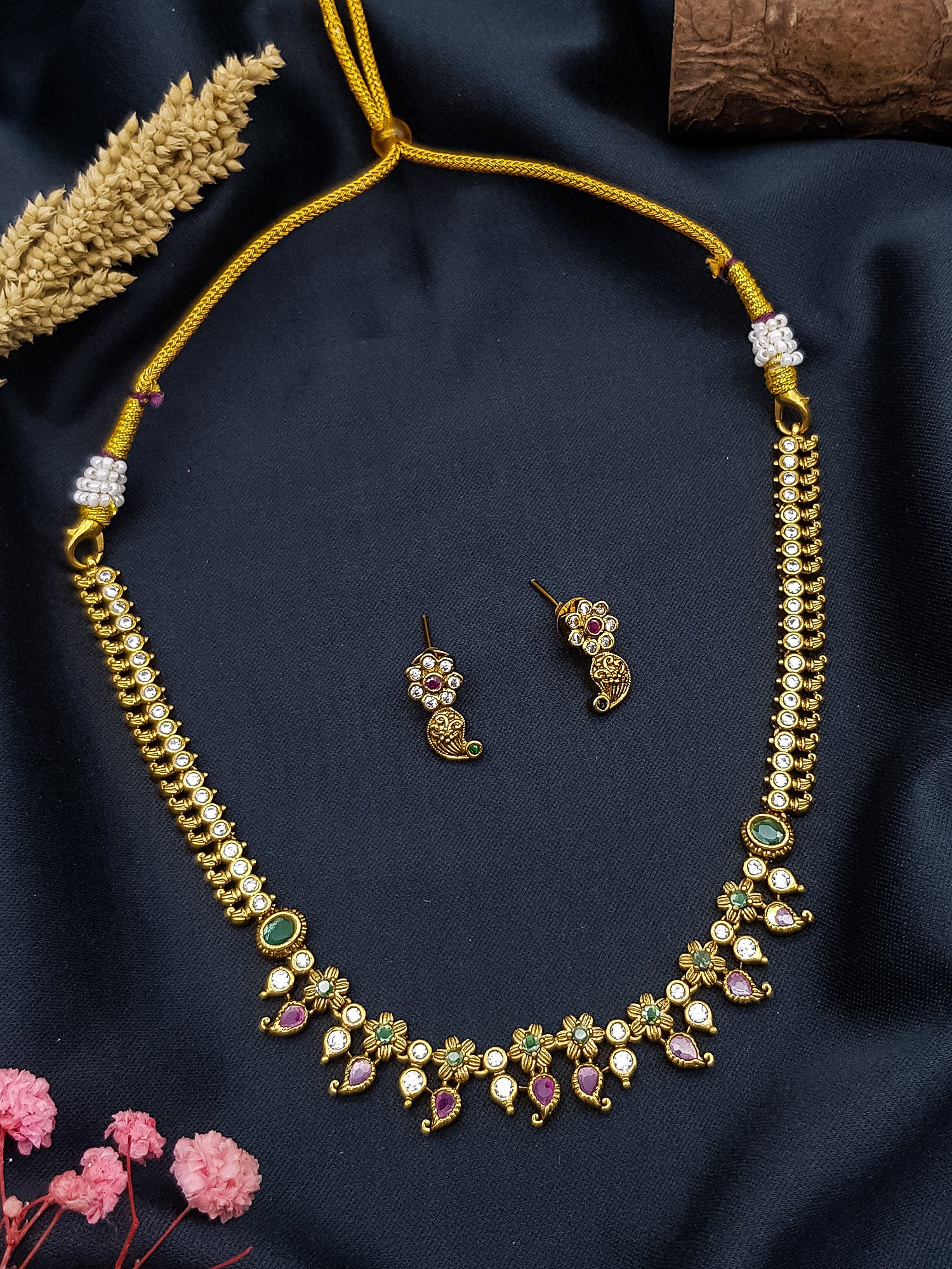 Long zercon necklace set with multicolor stones