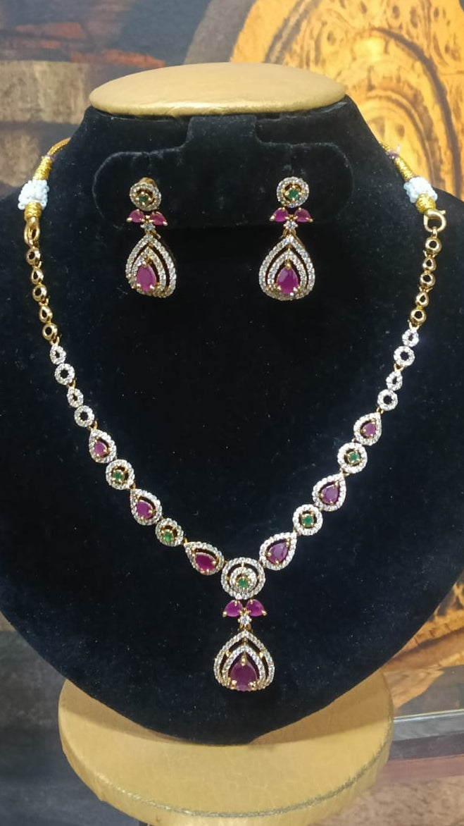 Gold plated cz multicolor short necklace set
