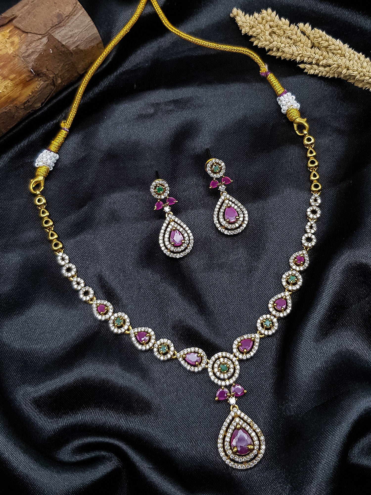 Gold plated cz multicolor short necklace set