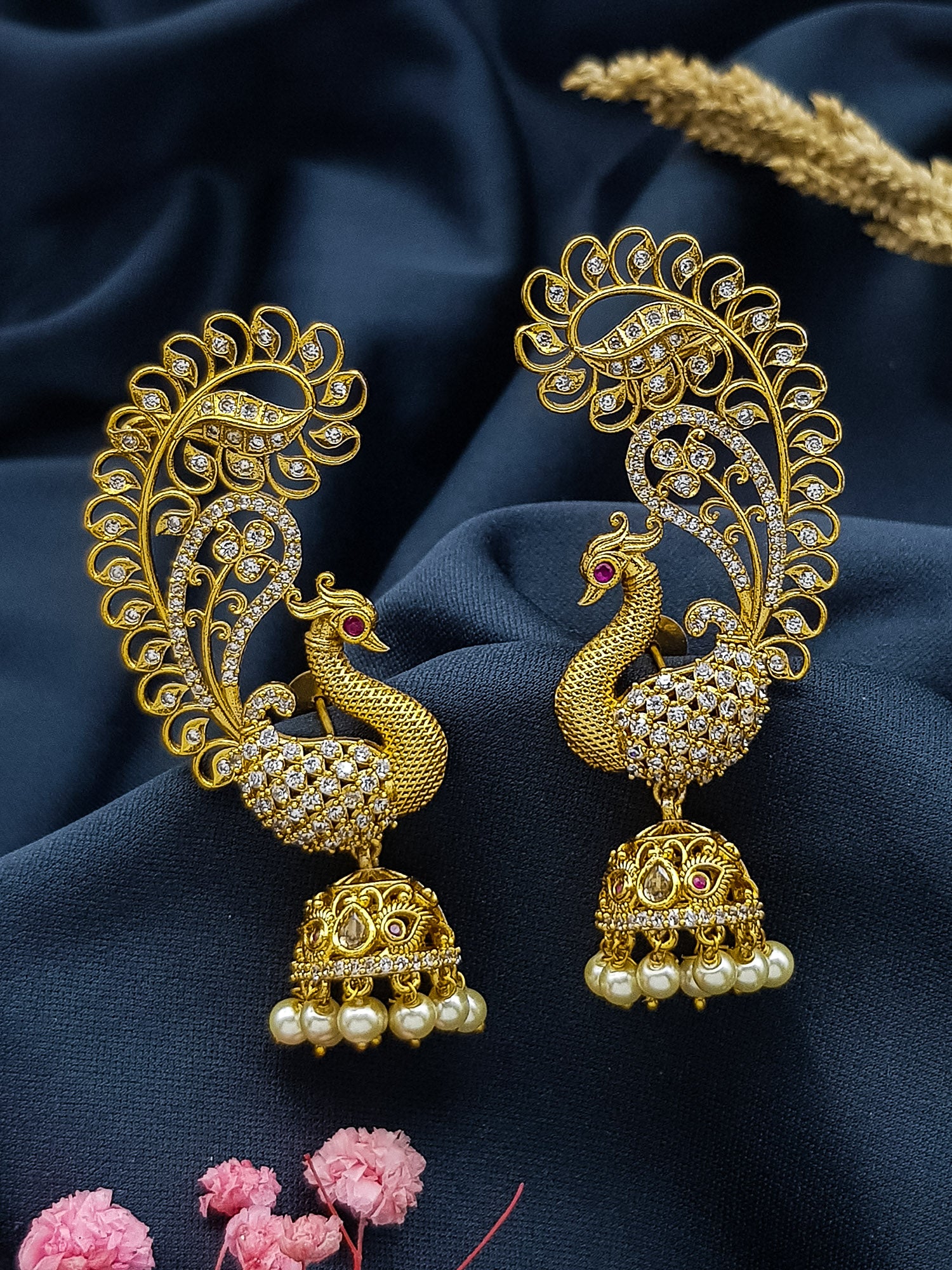 Gold plated Classic Bluetooth Jhumka Earrings with cz stones