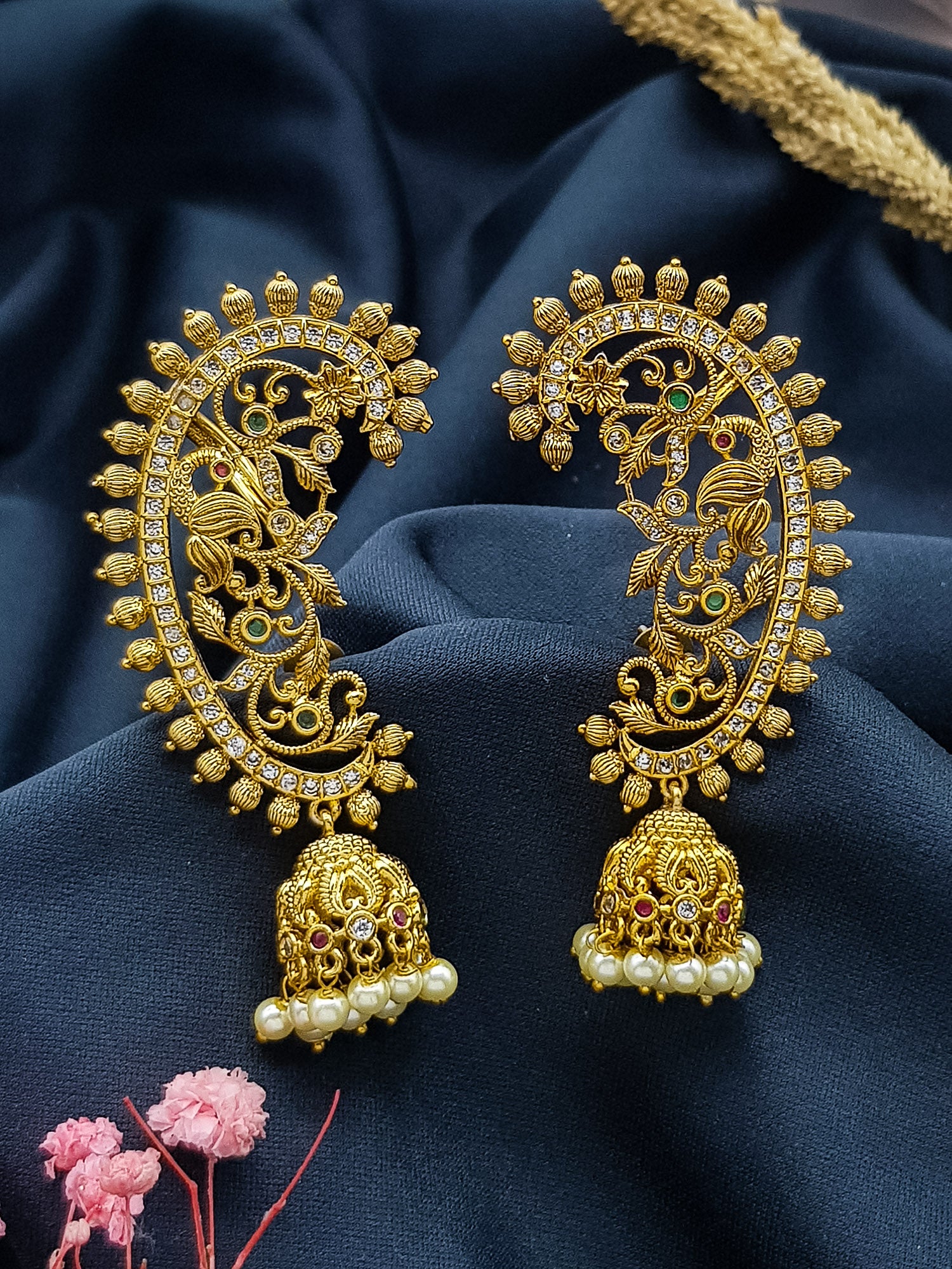 Gold plated Classic Bluetooth Jhumka Earrings with cz stones