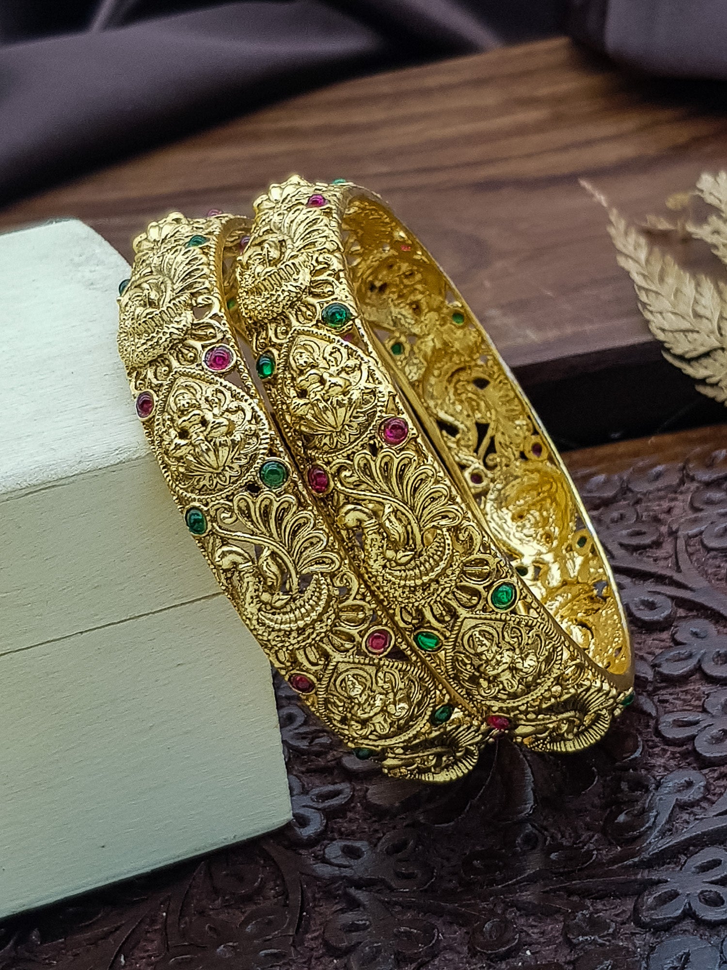 Gold plated Antique Peacock Laxmi Temple Set of 2 banges