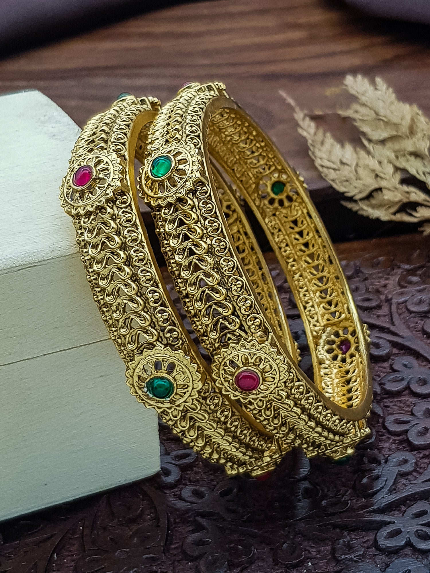 Gold plated Antique Broad Floral Set of 2 banges