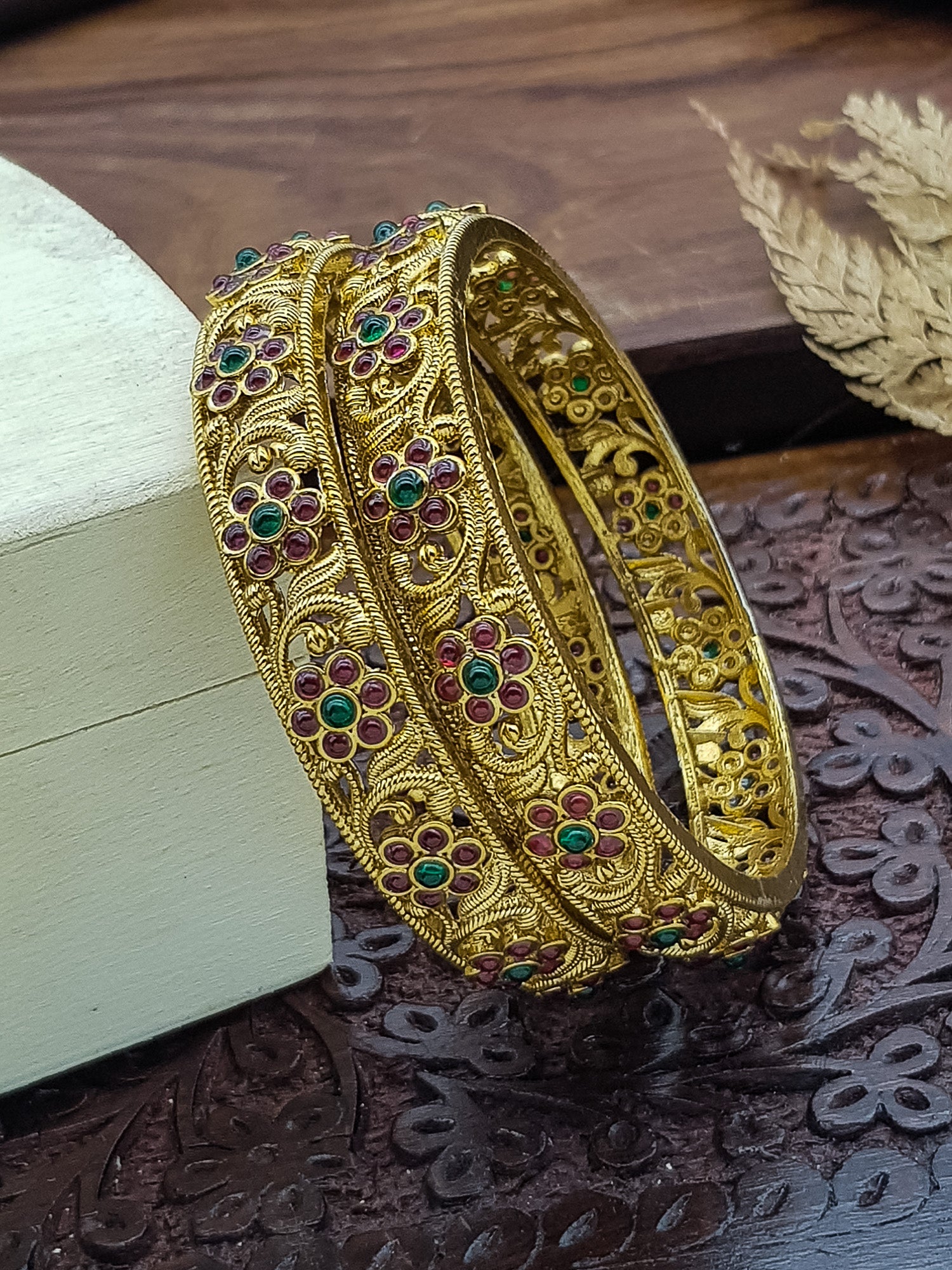 Gold plated Floral Stone Studded Set of 2 bangles