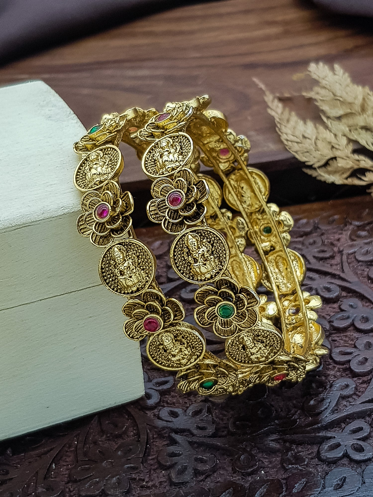 Gold plated Floral Stone Studded Floral Lakshmi Set of 2 bangles