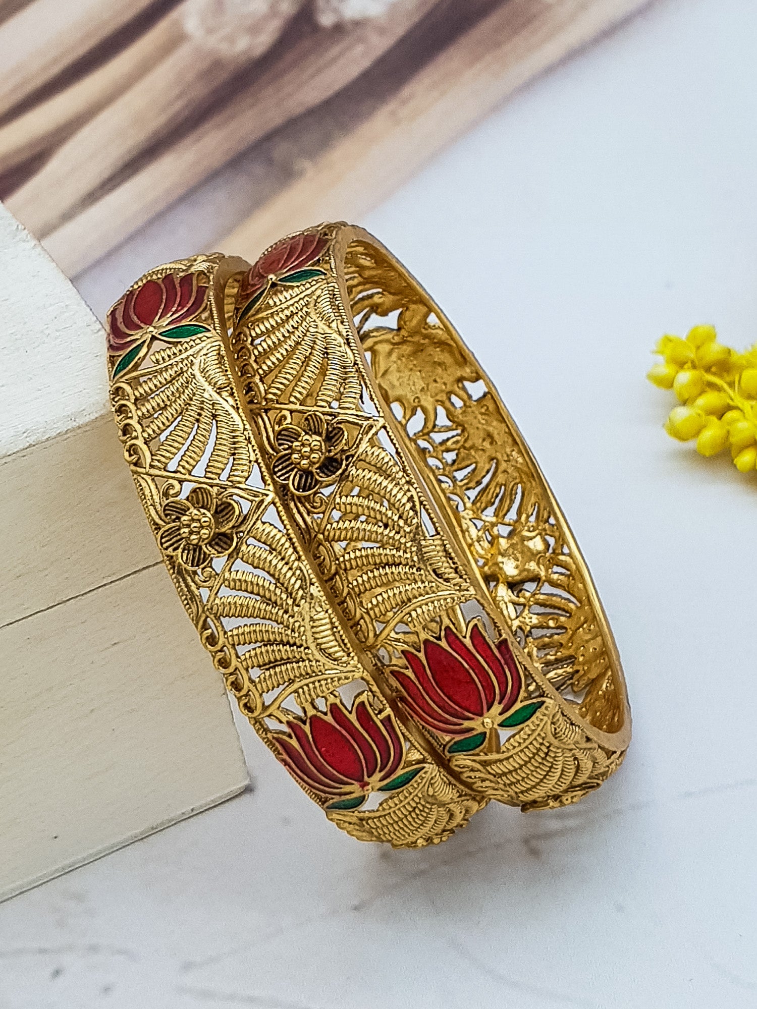 Gold plated Enameled Lotus Floral Set of 2 bangles