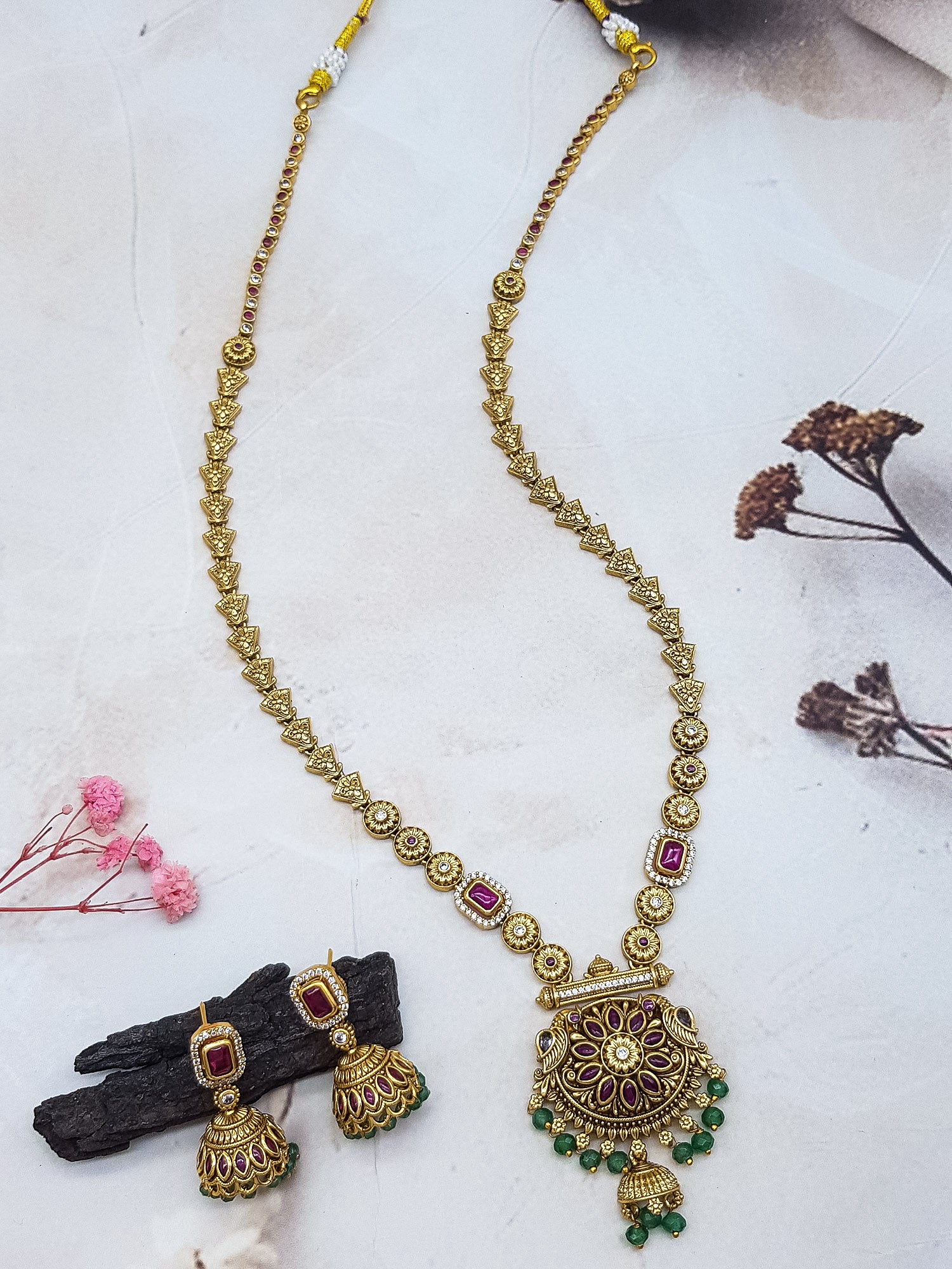 Premium Copper base antique gold plated Gold look alike temple jewelry with ruby Long necklace set
