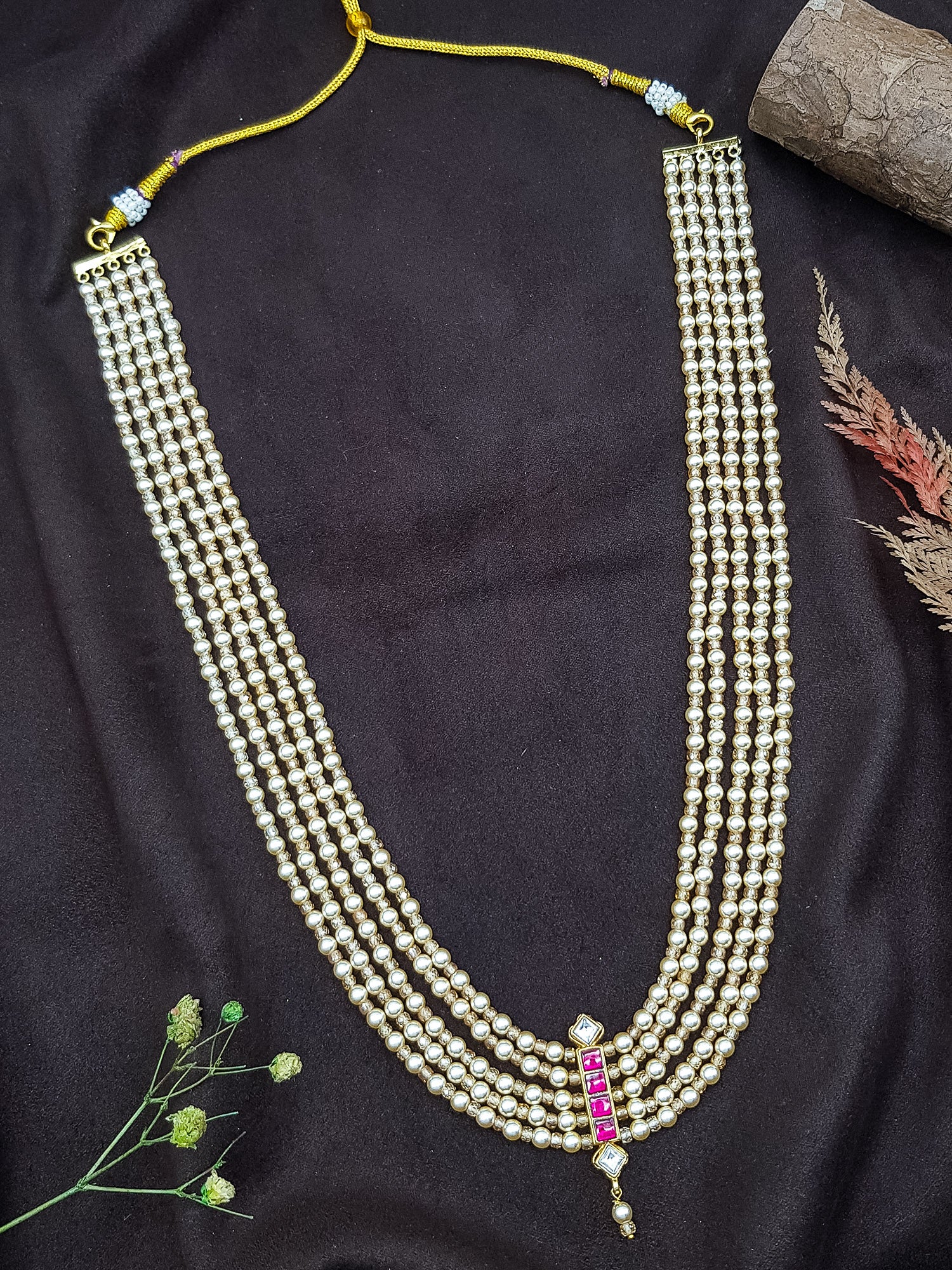 22 inches Long 5 lines Real 6 mm Pearl with golden Crystal/Mani Necklace set Multilayer with Straight kundan pendant