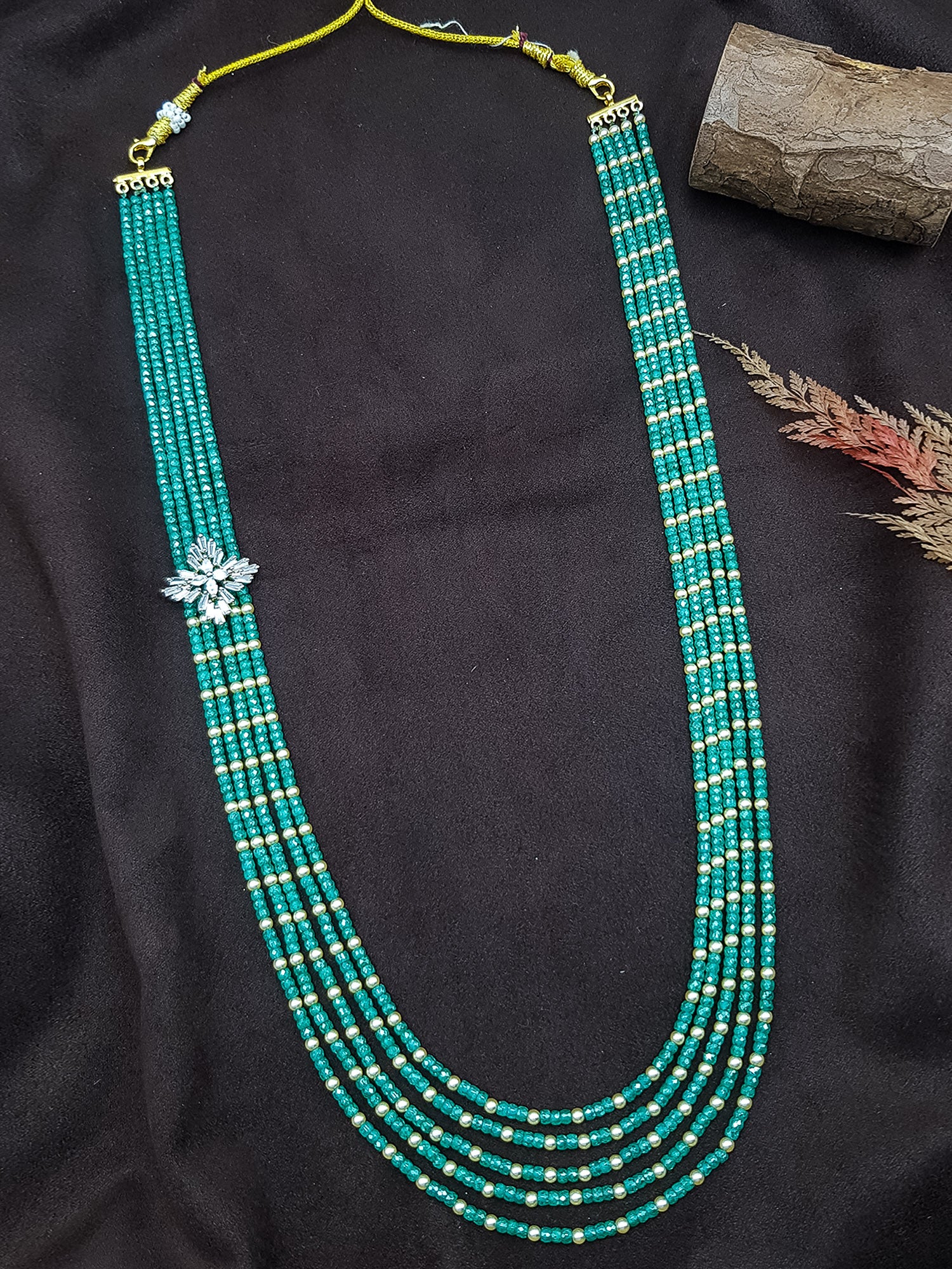 24 inches Long 5 lines Real Pearl with Rama Green Crystal/Mani Necklace set Multilayer with Drop Cut CZ side Brooch
