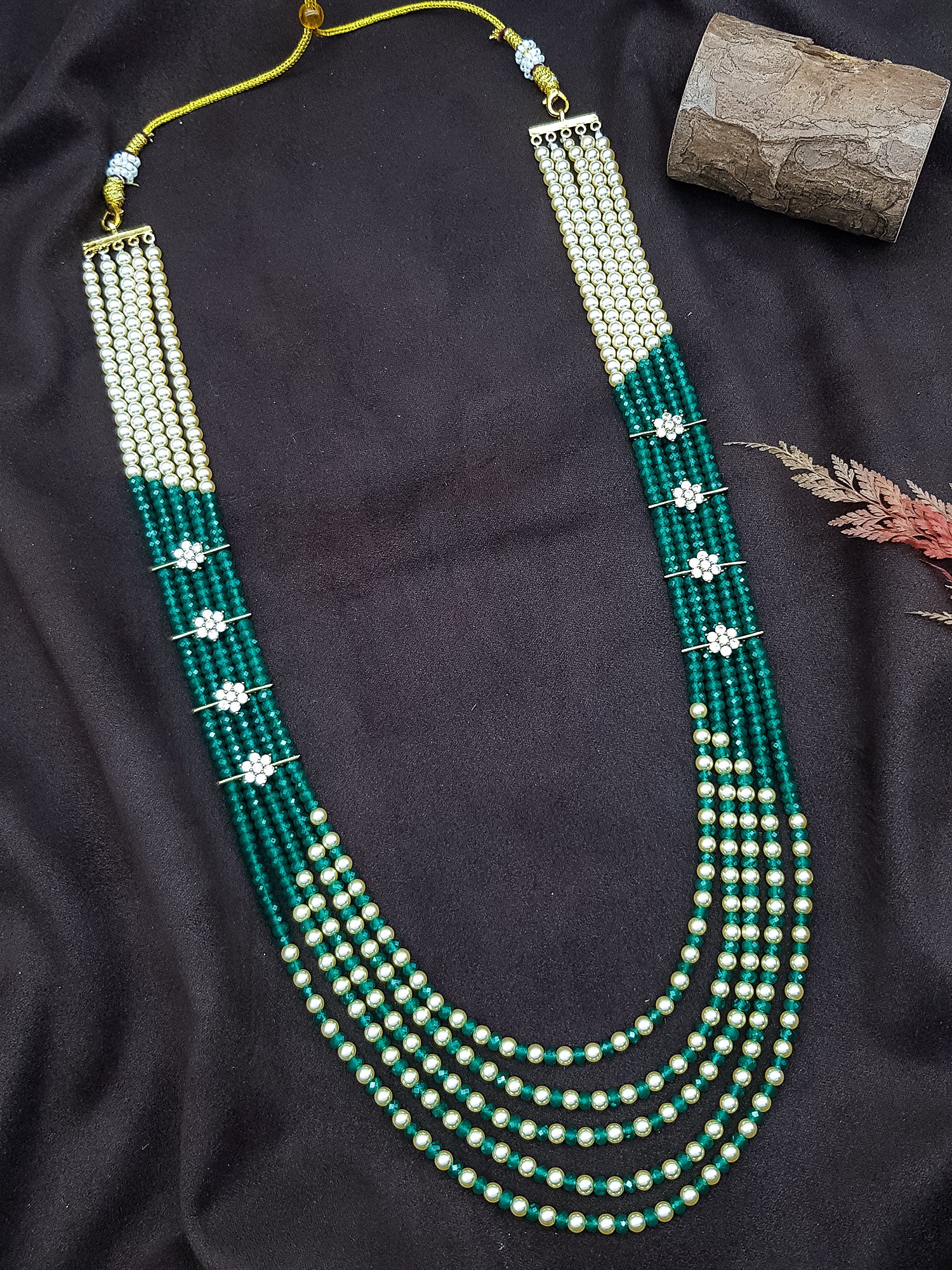 26 inches Long 5 lines Real Pearl with Dark green Crystal/Mani Necklace set Multilayer with Star CZ side Brooch