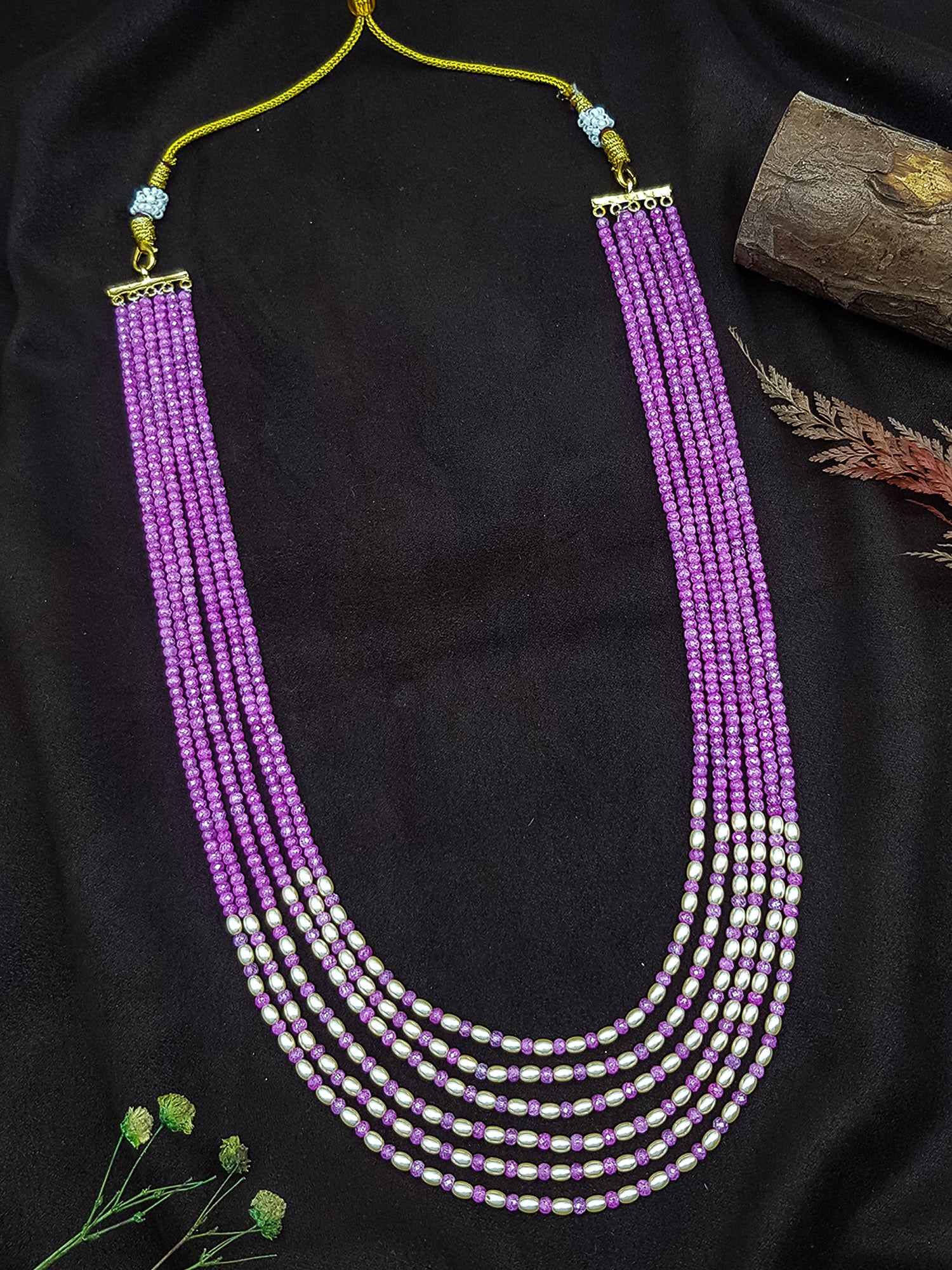 22 inches Long 5 lines Real Pearl with Baby Pink Crystal/Mani Necklace set Multilayer