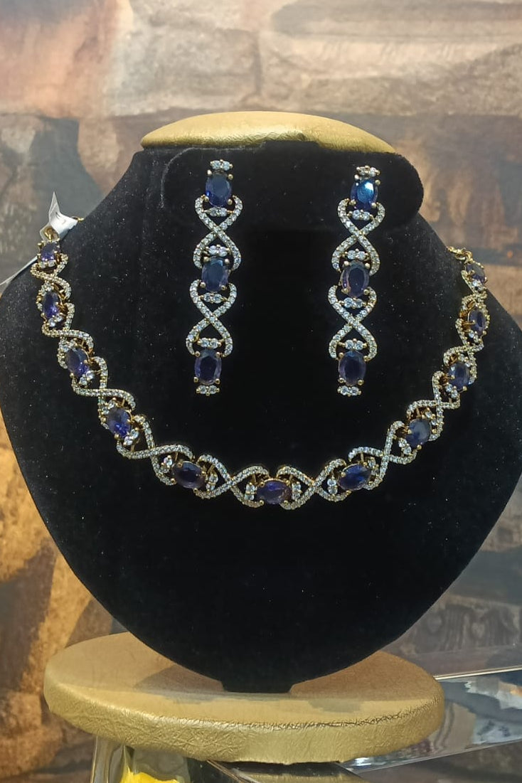 Gold Plated Premium CZ Necklace Set with Pink/Blue stones