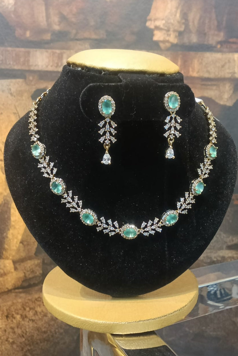 Gold Plated White and Mint green/mint pink CZ Necklace Set