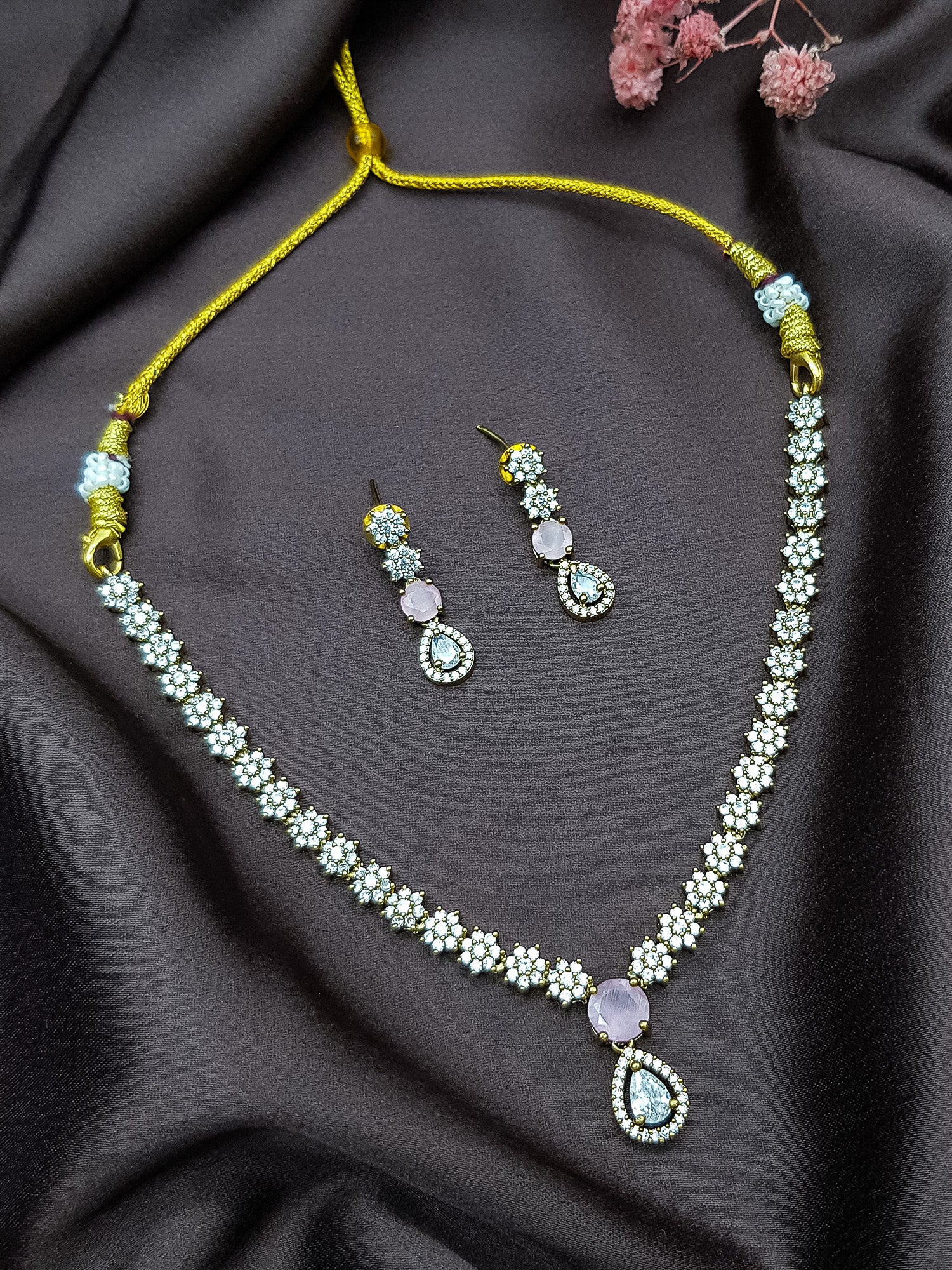 Gold Plated White and Mint green/mint pink CZ Necklace Set