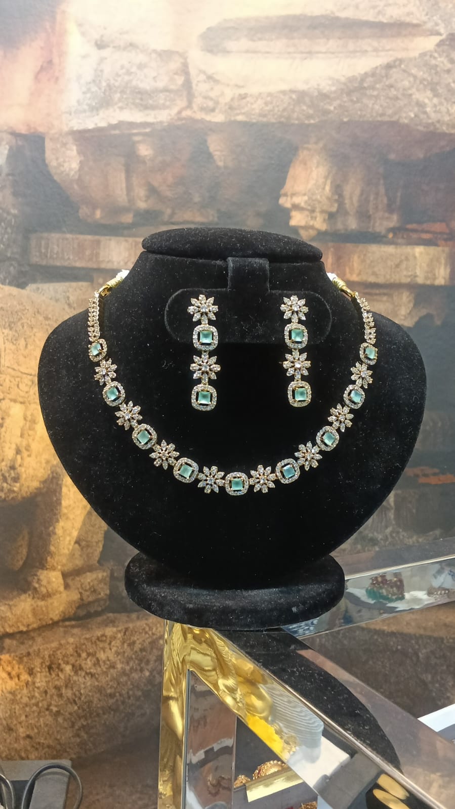 Gold Plated Premium CZ Necklace Set withNavratra/Mint green Stones