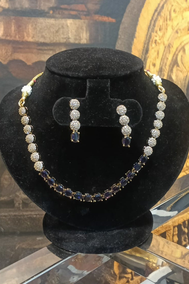 Gold Plated White and Dark Blue CZ Necklace Set