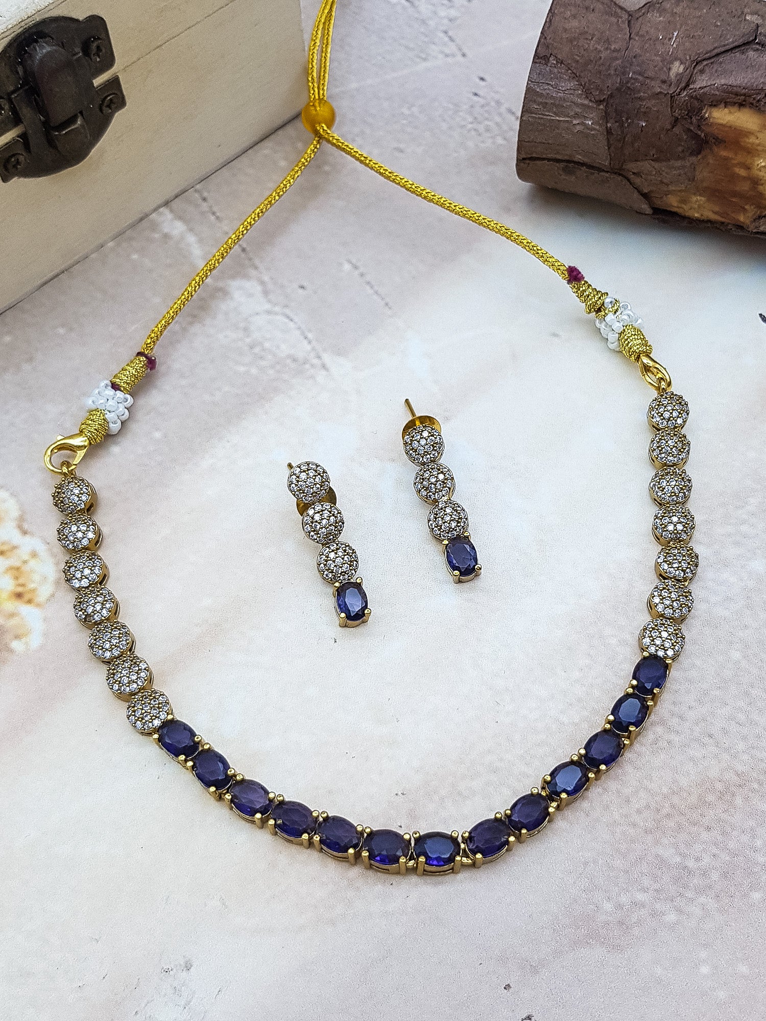 Gold Plated White and Dark Blue CZ Necklace Set