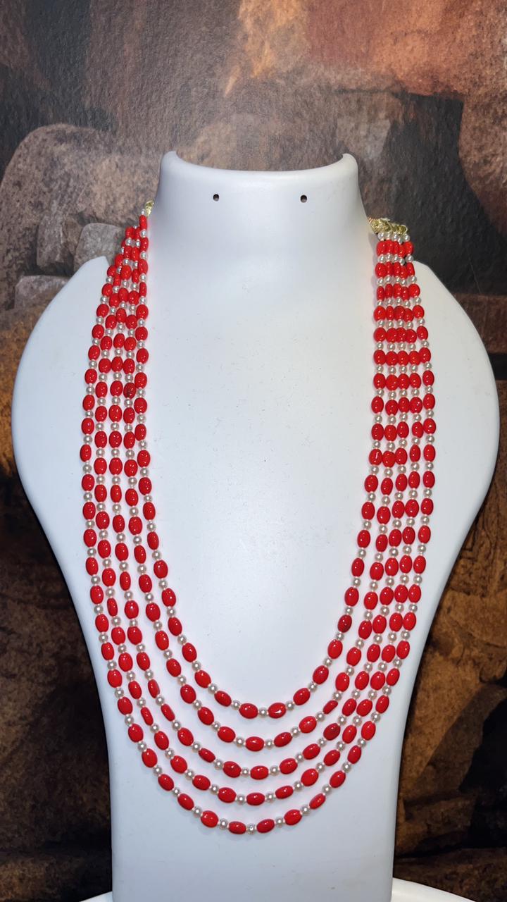 Havala/Coral beads with 3mm hyderabadi pearl beads 5 layer Mala