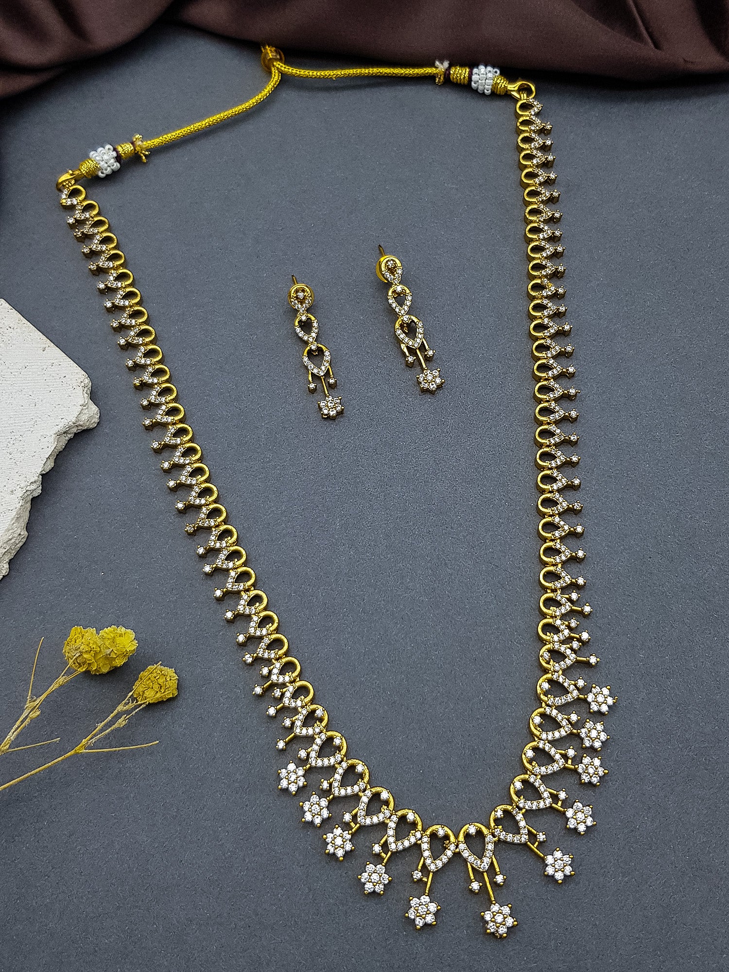 Premium Gold White CZ long necklace set