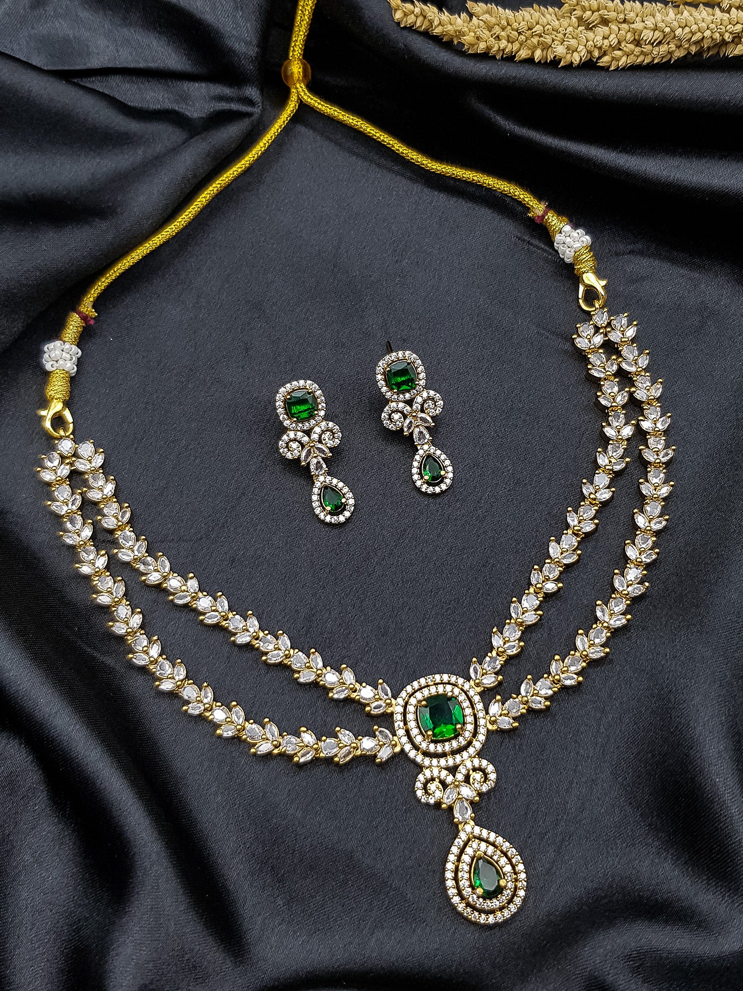 2 layer drop white and green cz necklace set