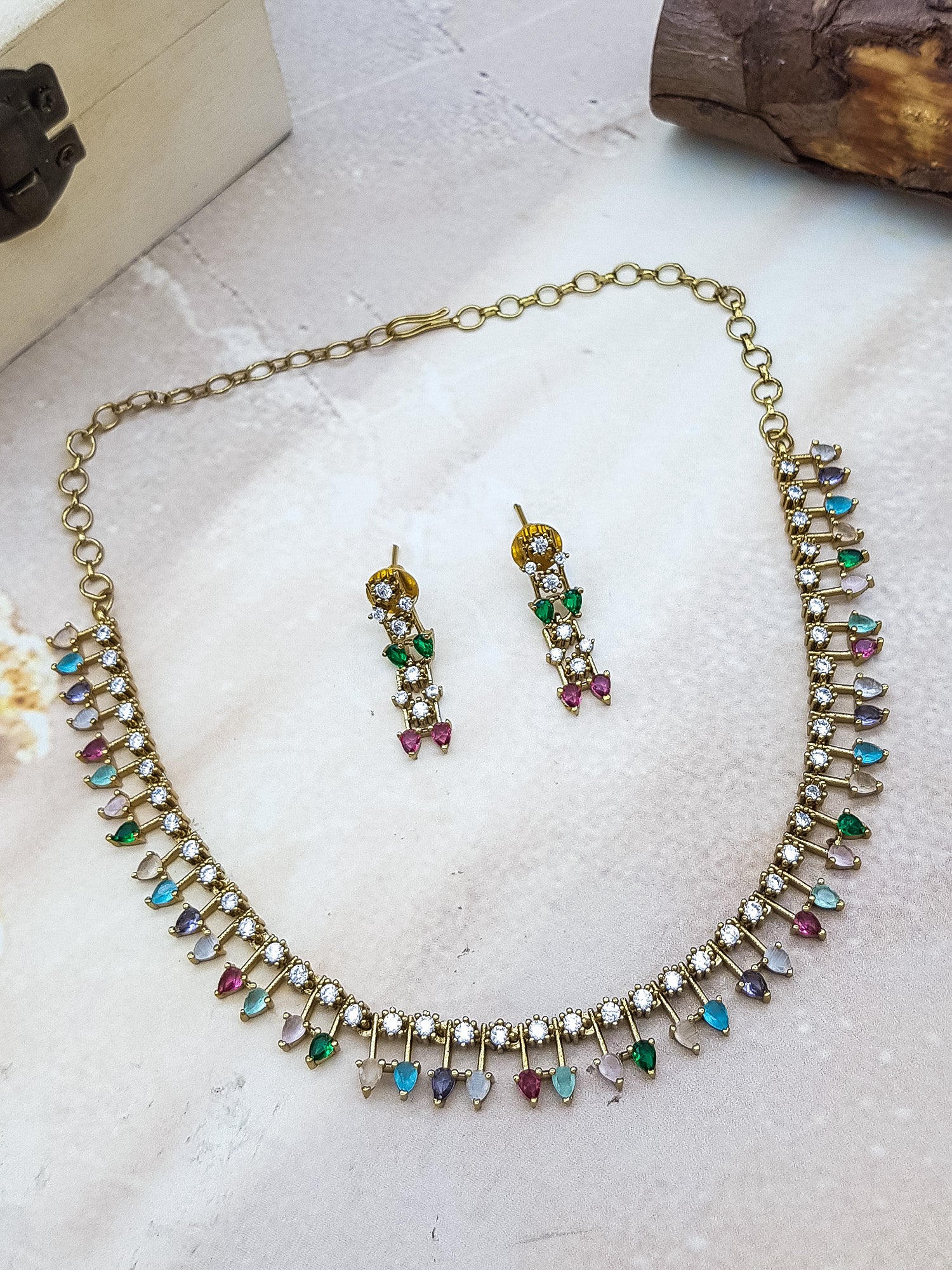 Navaratna Cz stones short necklace set