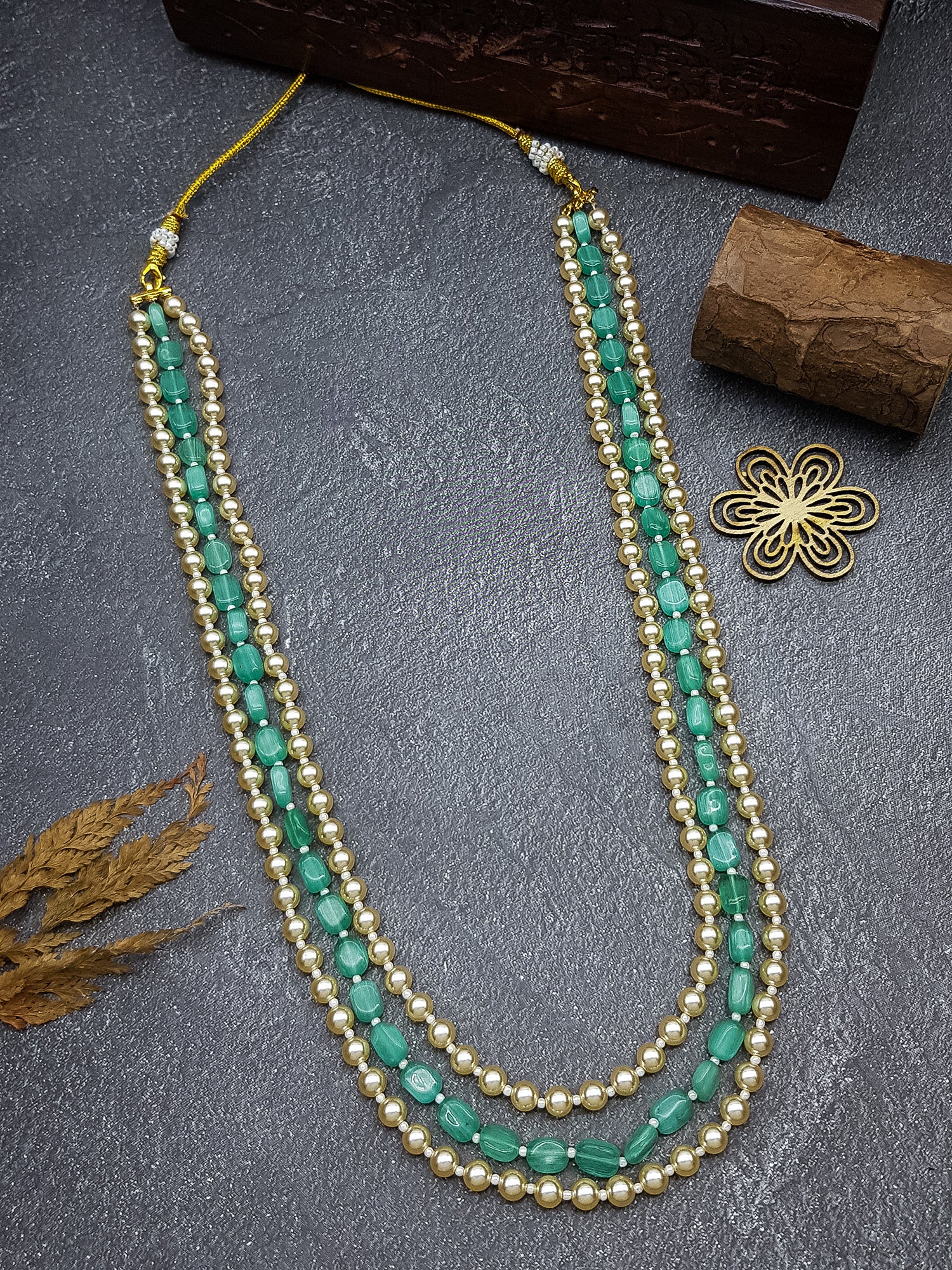 Flat Onyx Natural stones with 6mm hyderabadi pearls Necklace 22 inches