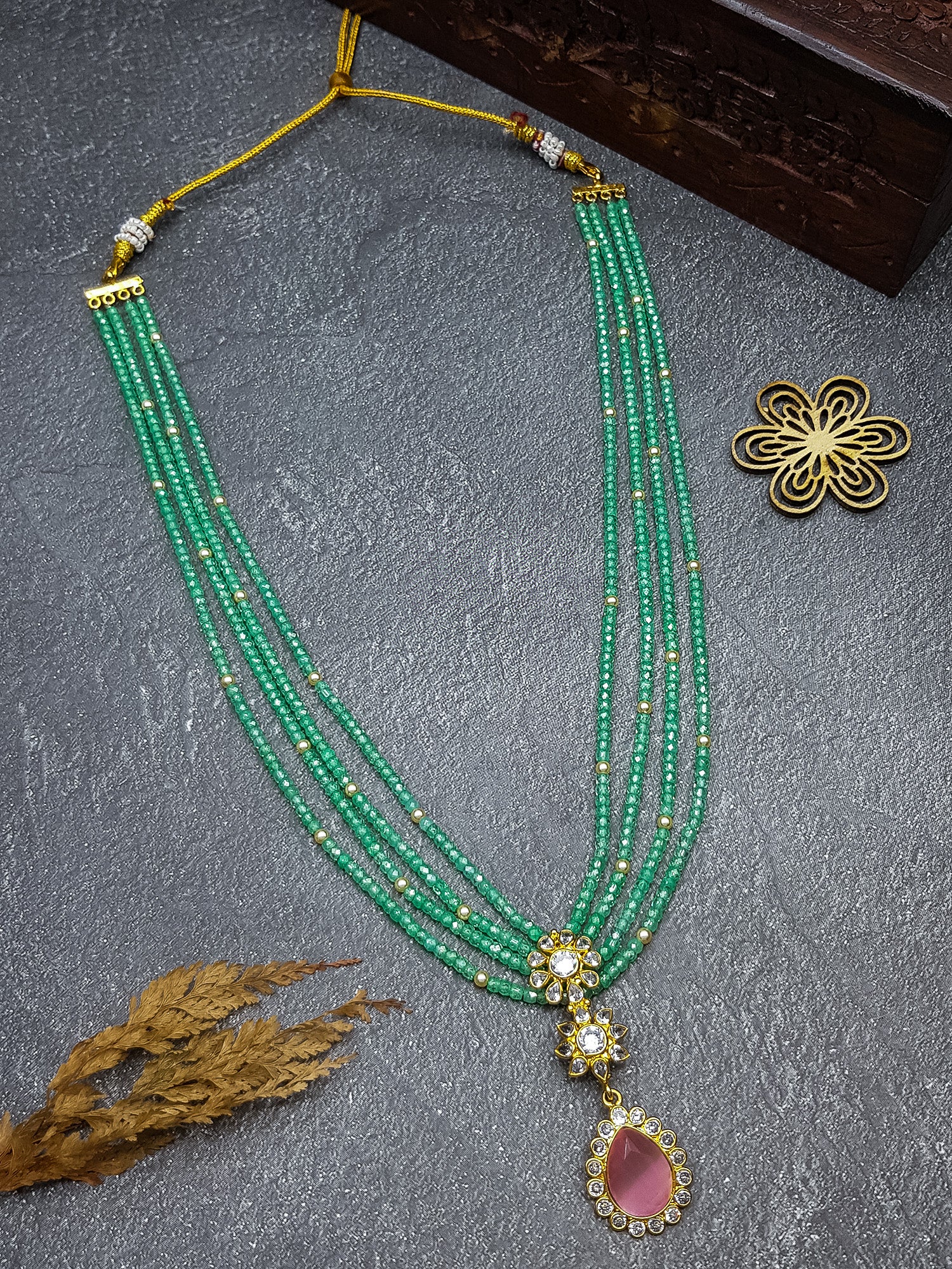 Green cz natural stone with 3 mm Hyderabdi pearl in zig zag pattern 3 layer Necklace 20 inches