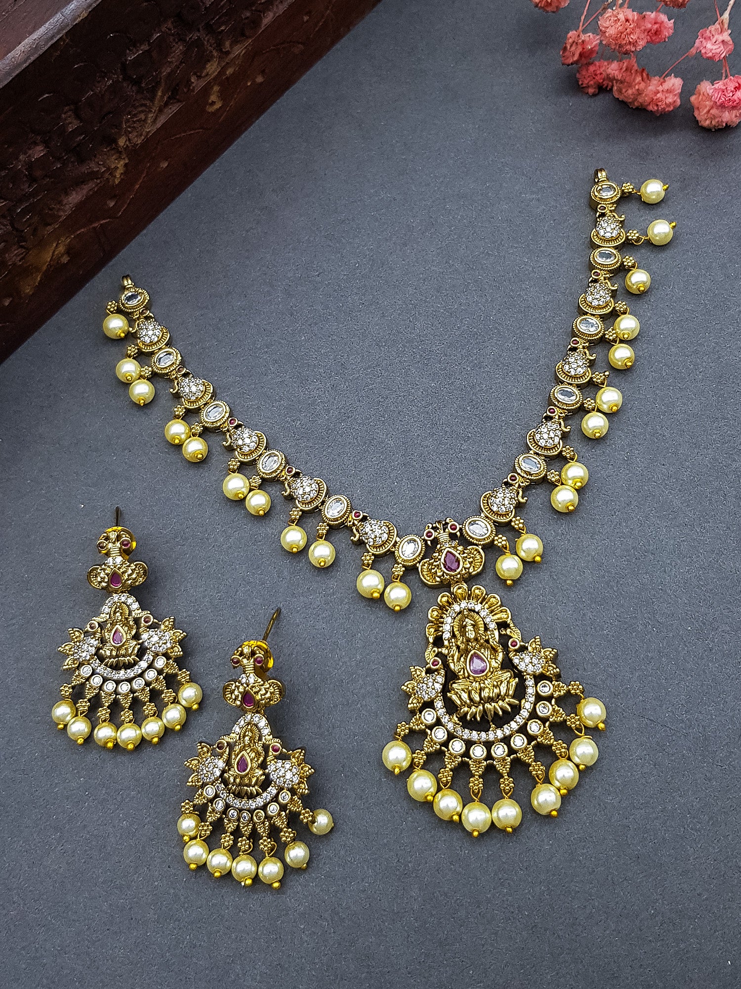 Premium Gold Plated Laxmi Jewellery Set with CZ And pearls