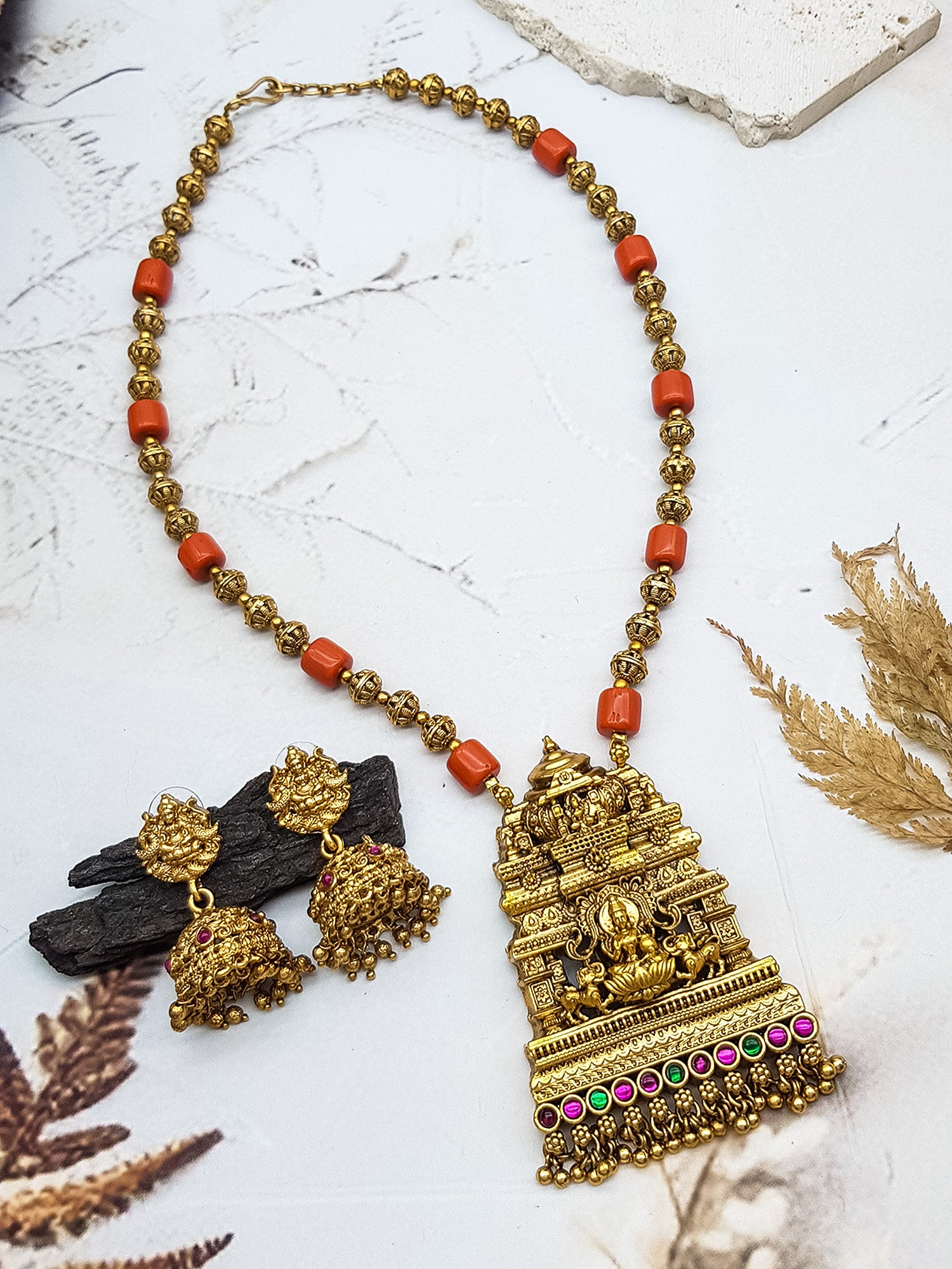 Gold Plated Long Madurai Meenakshi Temple Necklace Set with Coral