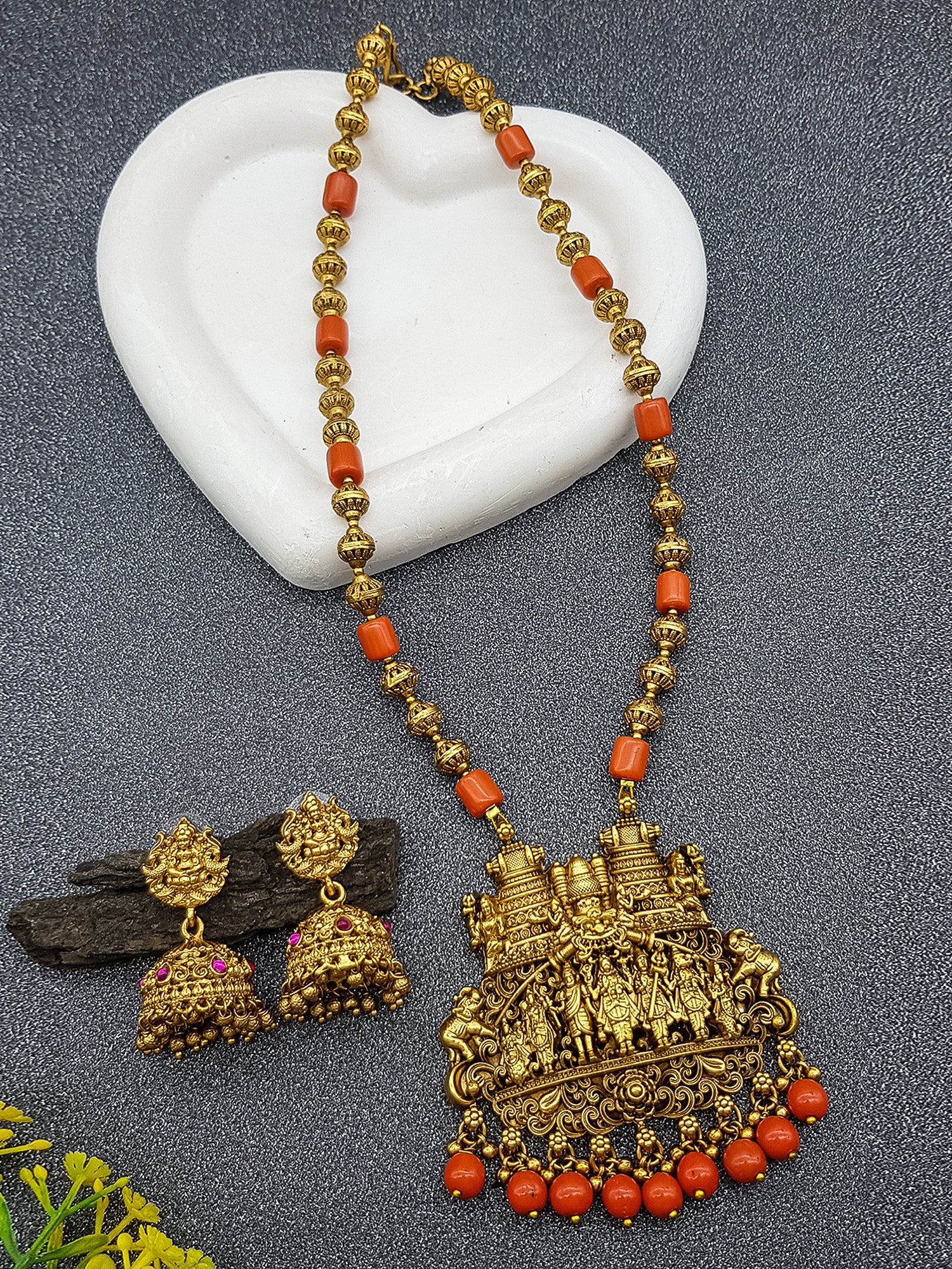 Gold Plated Long Dashavtarama Temple Necklace Set with Coral