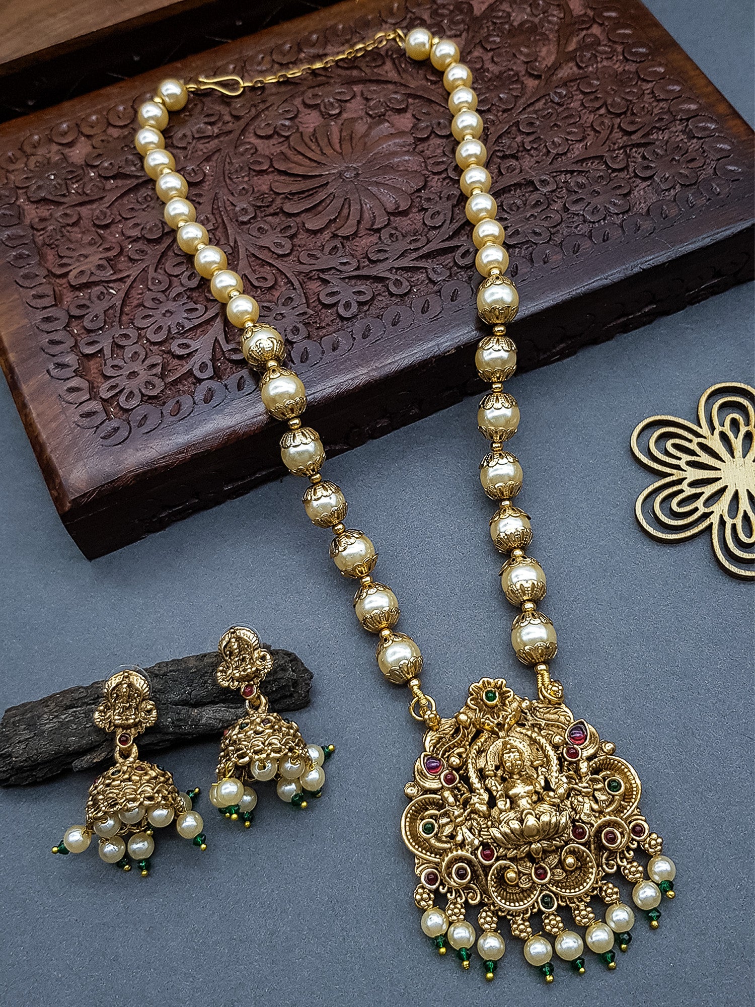 Gold Plated Long Pearl necklace Set
