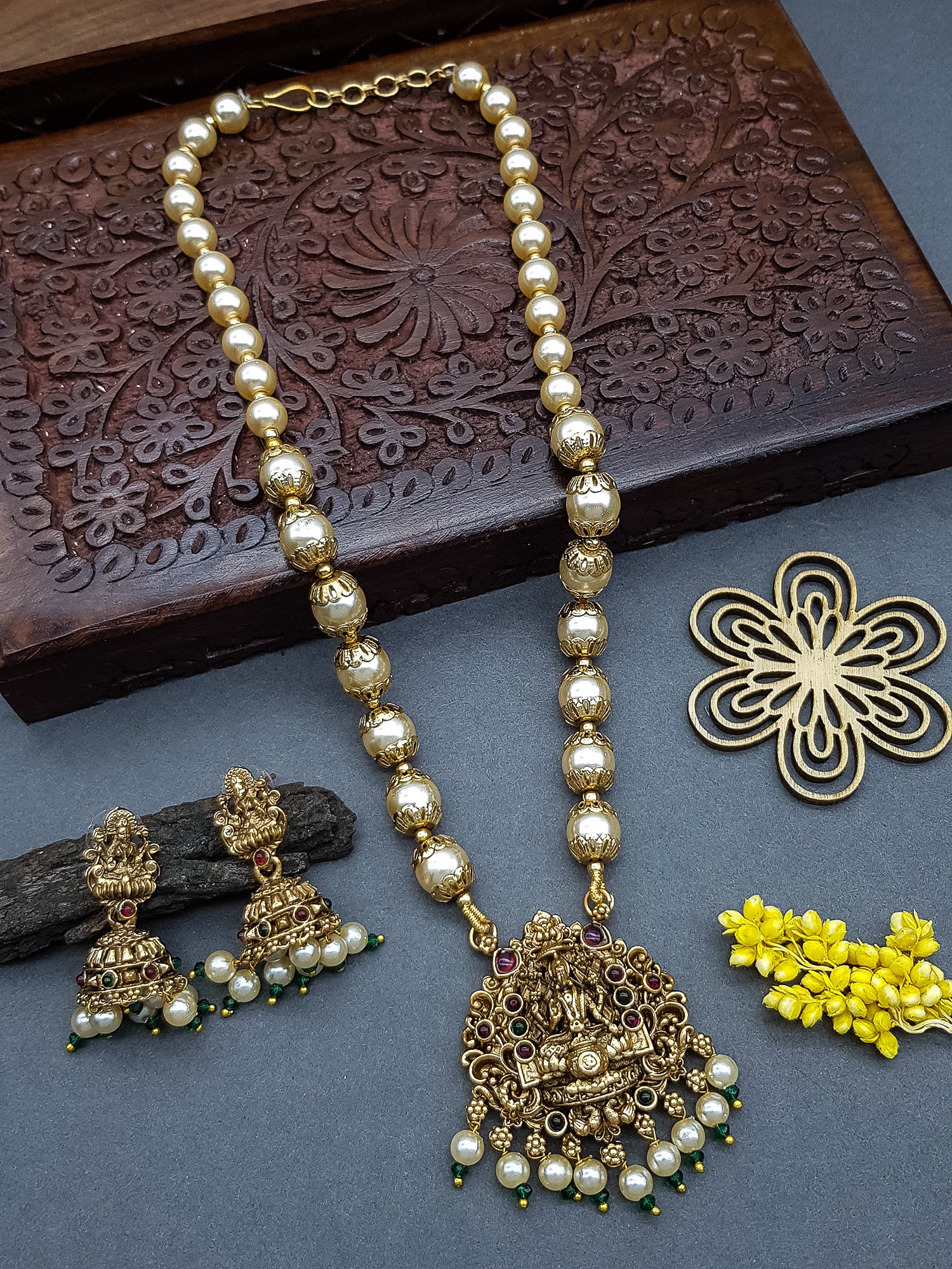 Gold Plated Long Pearl necklace Set