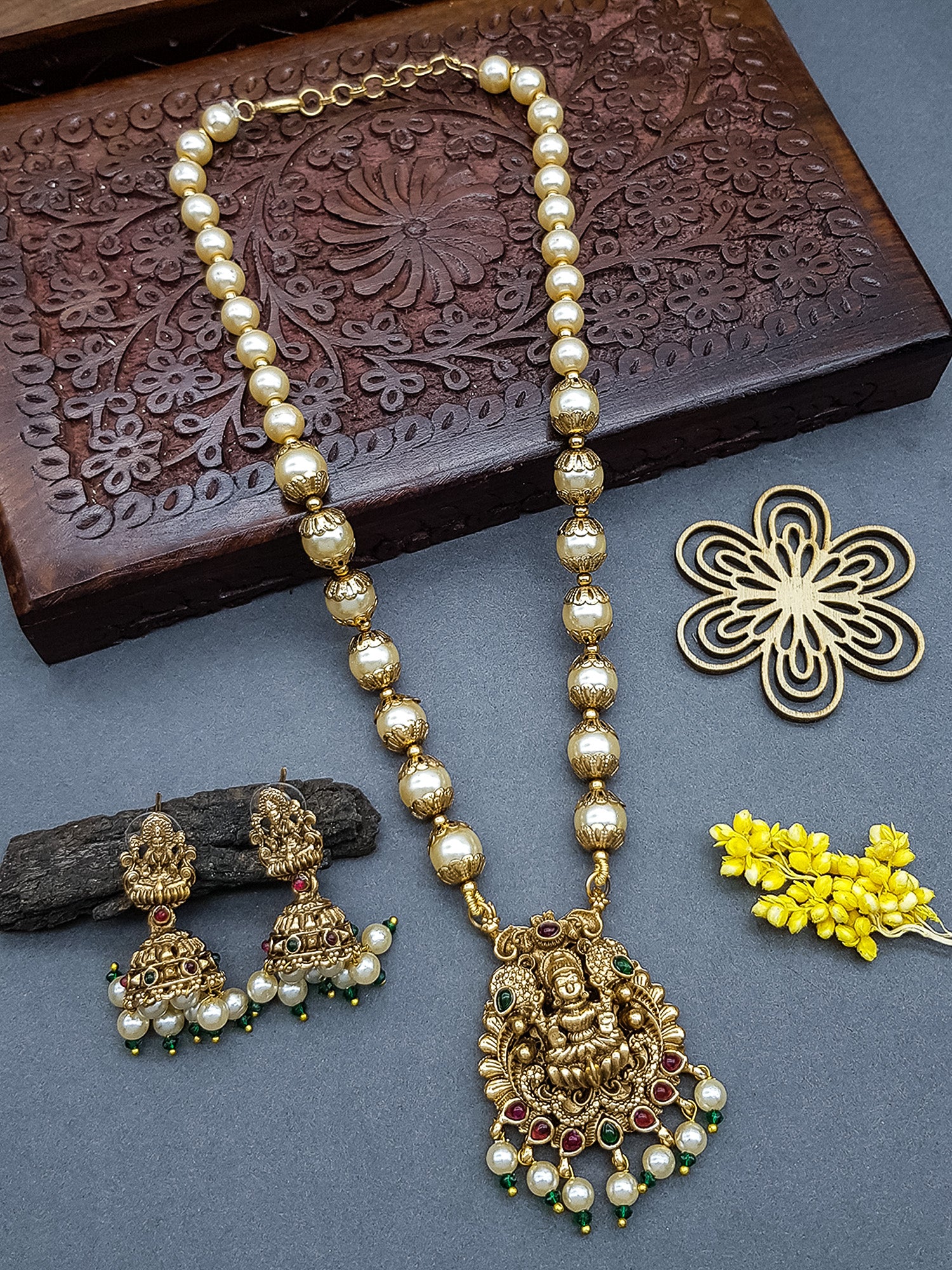 Gold Plated Long Pearl necklace Set