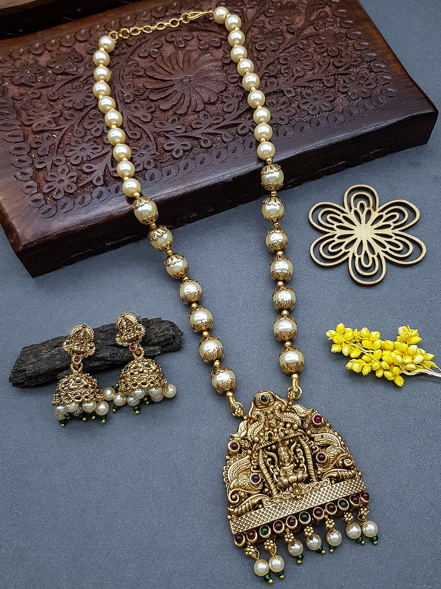 Gold Plated Long Pearl necklace Set