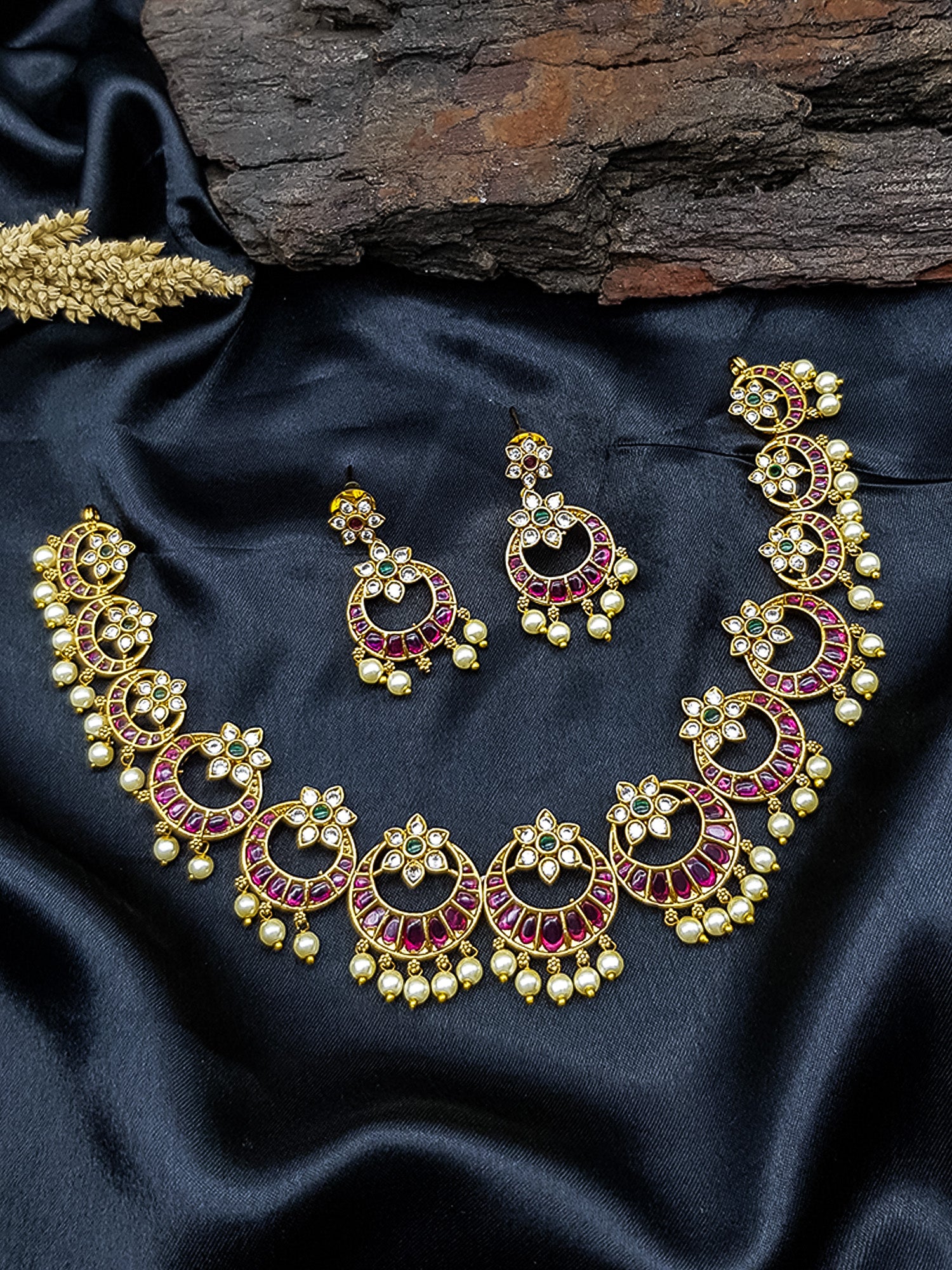 Gold Plated Chandbali design Short CZ Necklace Set