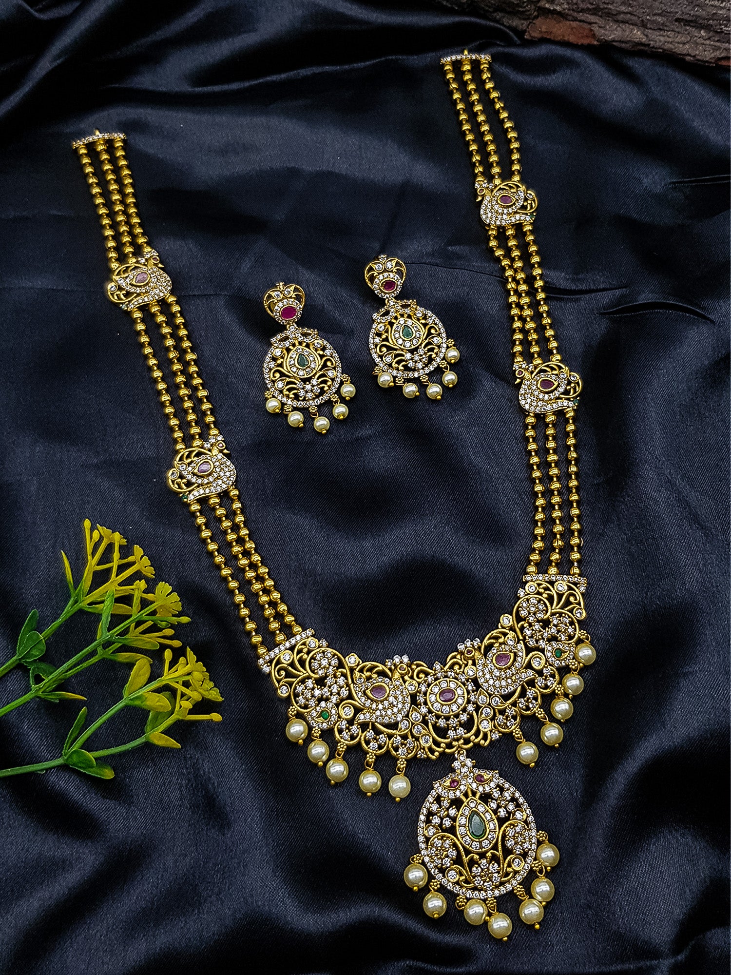 Premium Gold Plated three Line Long CZ Nekclace Set